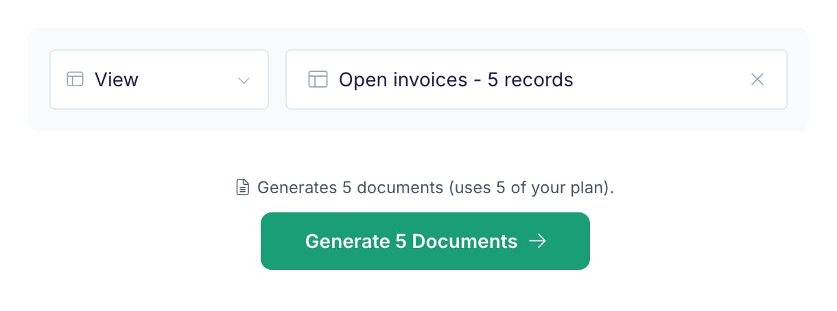 View picker set to the view Open invoices with 5 records, and the line Generates 5 documents (uses 5 of your plan) above the Generate 5 Documents button