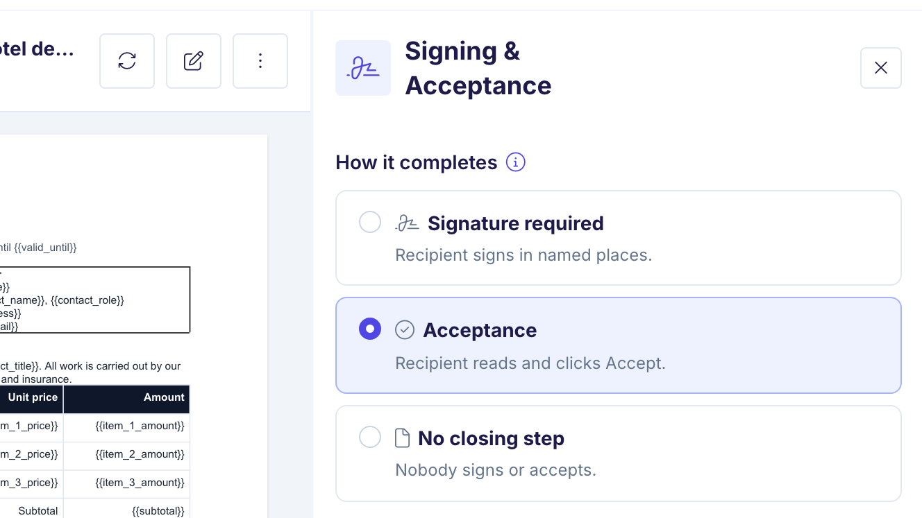 The Signing & Acceptance card of an automation. Under How it completes, the two closing steps Signature required and Acceptance are shown next to No closing step, with Acceptance selected.