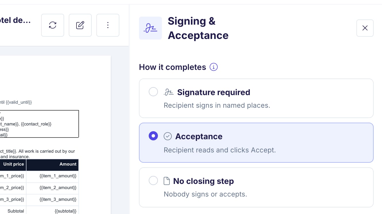 The Signing & Acceptance card of an automation. Under How it completes, the two closing steps Signature required and Acceptance are shown next to No closing step, with Acceptance selected.