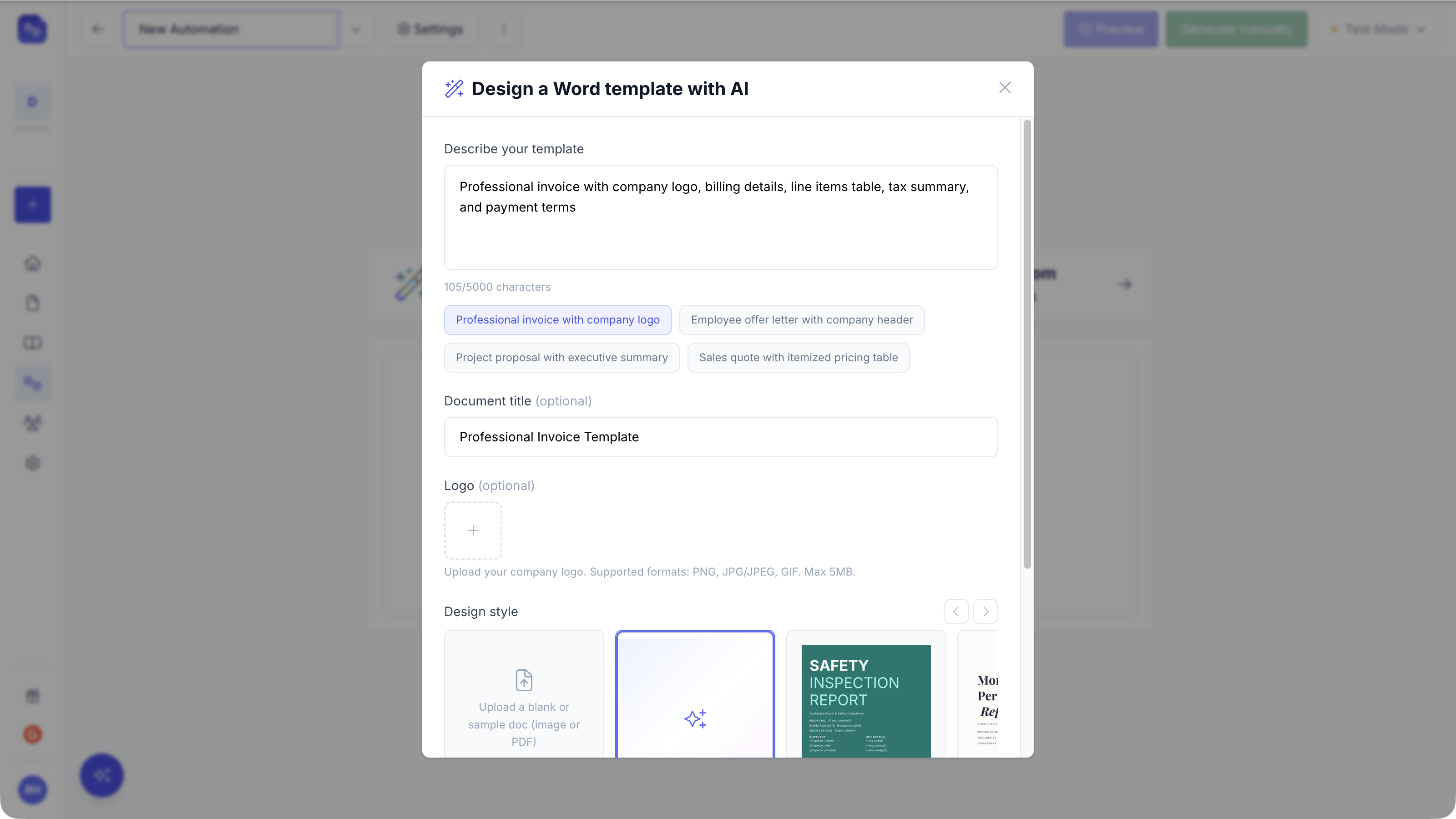 Design a Word template with AI dialog: a filled-in description, example prompts, document title, logo upload and a design style gallery