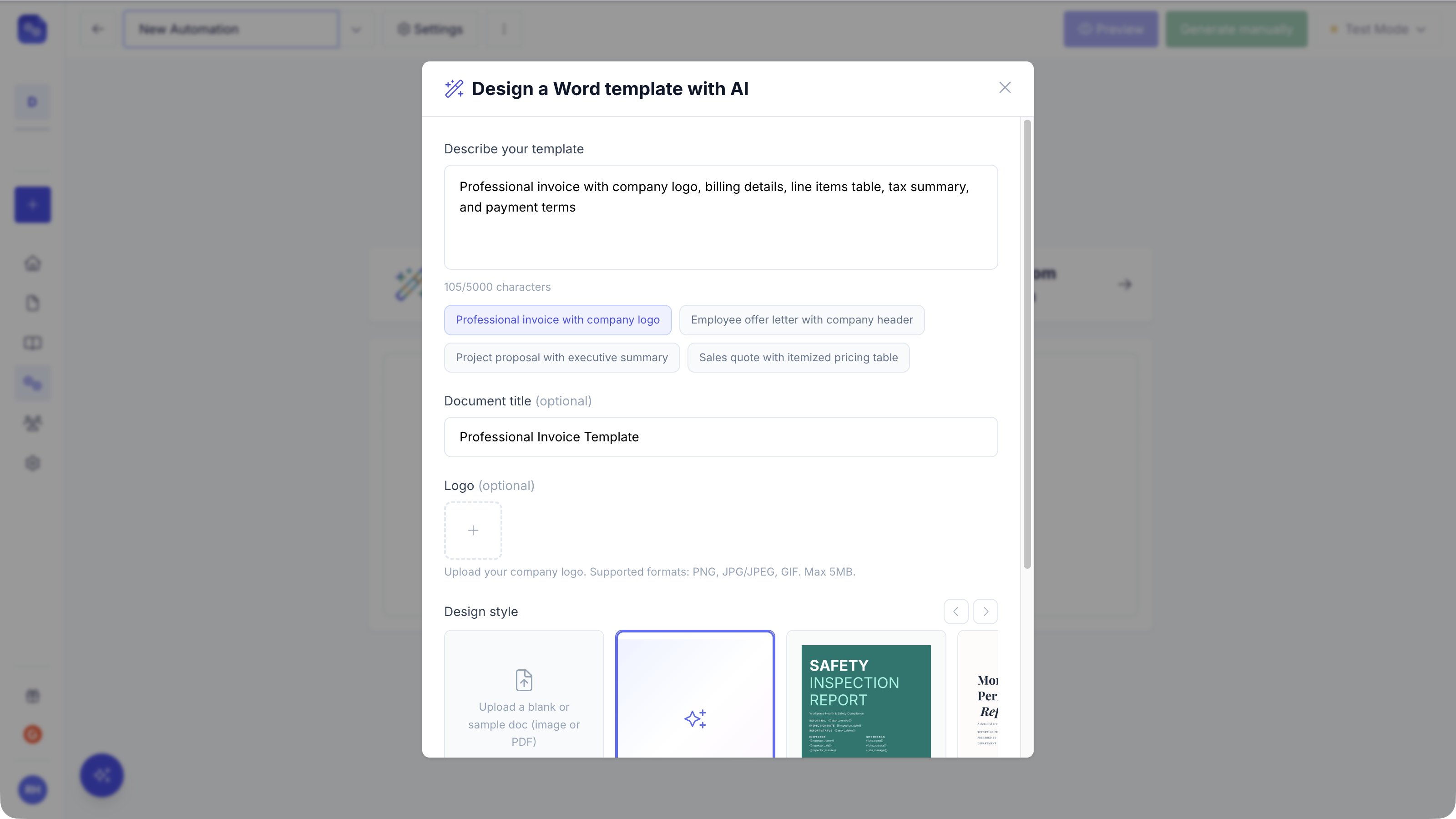 Design a Word template with AI dialog: a filled-in description, example prompts, document title, logo upload and a design style gallery