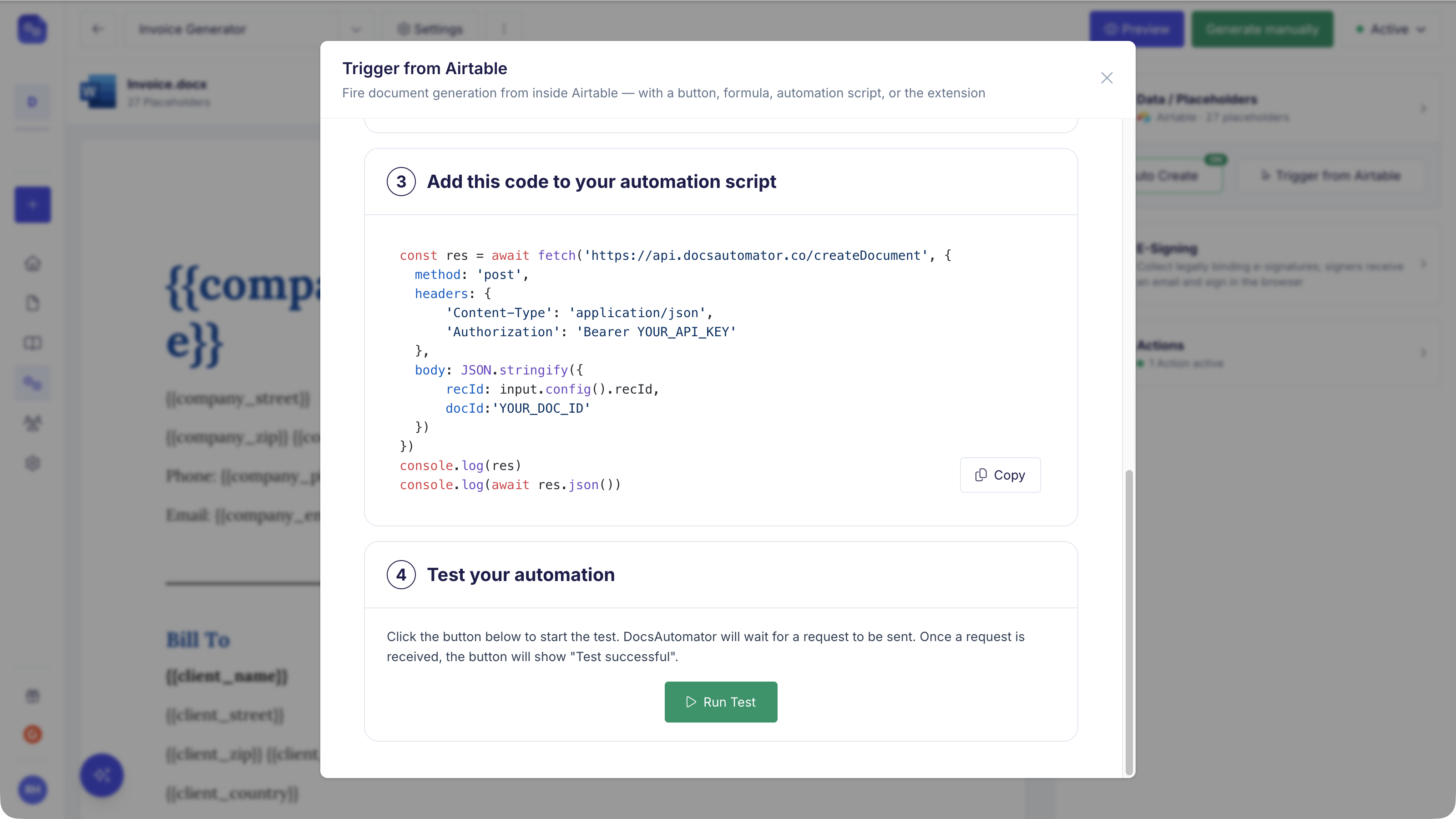 Trigger from Airtable dialog showing the automation script to copy, with the API key and document id replaced by placeholders