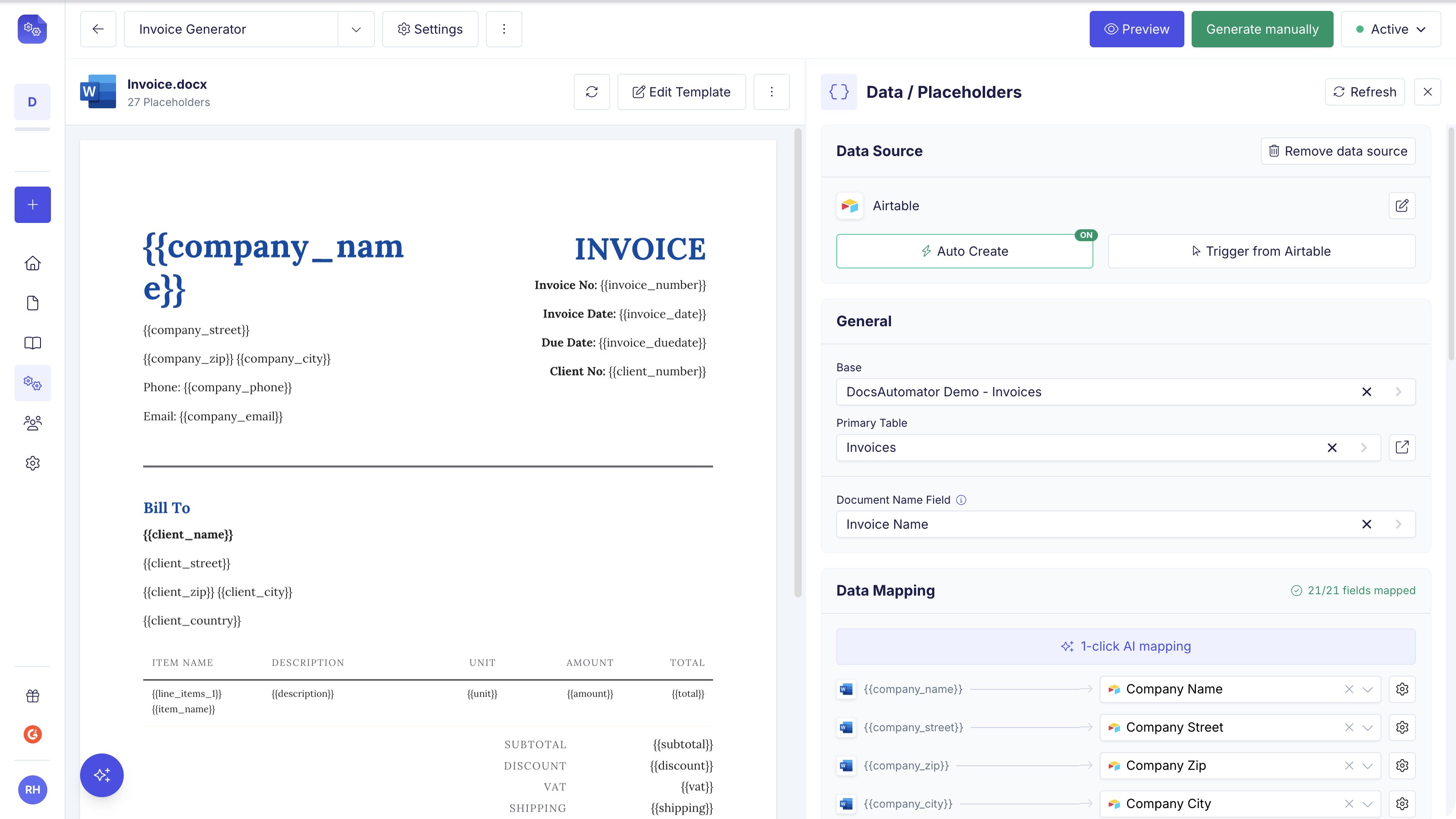 Data / Placeholders panel showing the Airtable base, primary table, document name field and the mapped placeholders