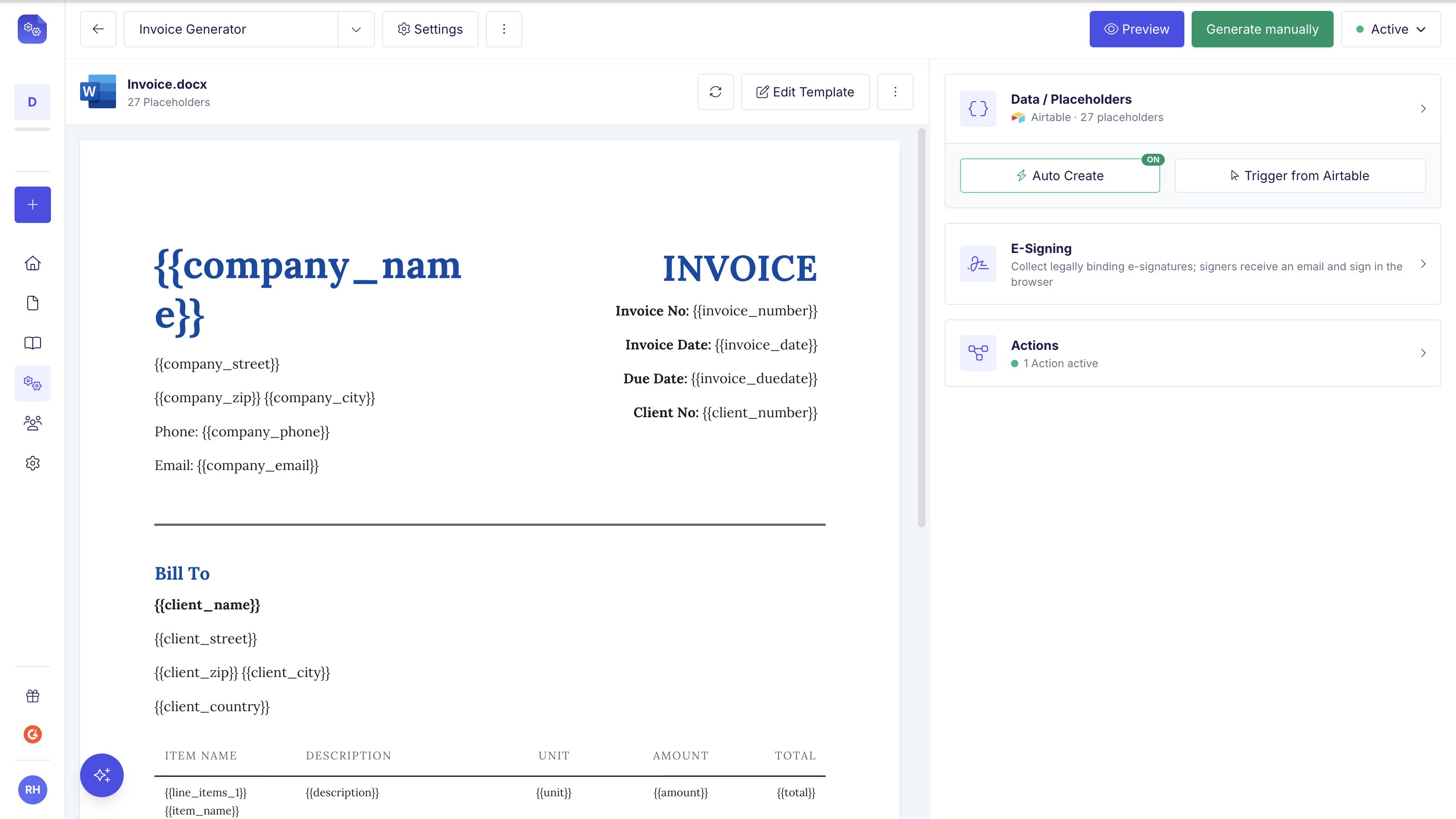 Automation editor with the Word invoice template on the left and the Data / Placeholders, E-Signing and Actions panels on the right