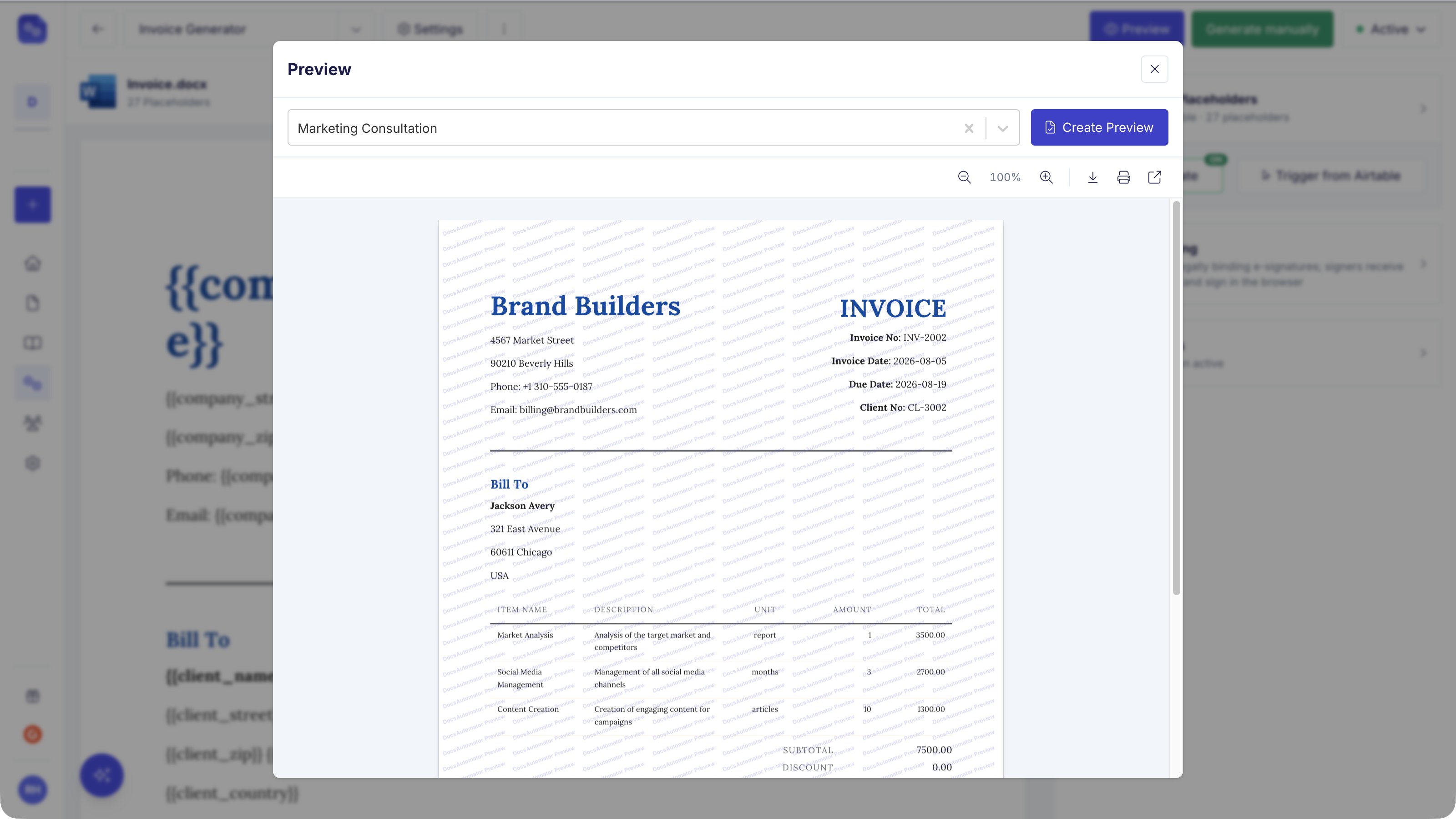 Preview dialog showing the generated invoice PDF for the selected record