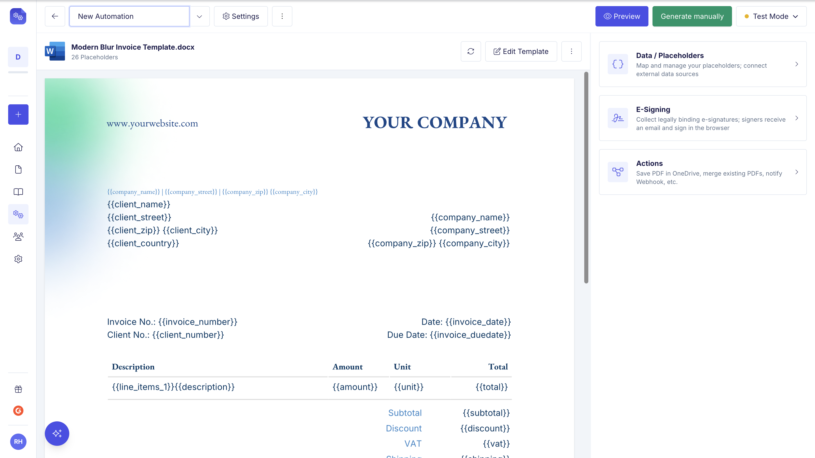 Automation with a Word invoice template applied, showing the Data / Placeholders, E-Signing and Actions panels