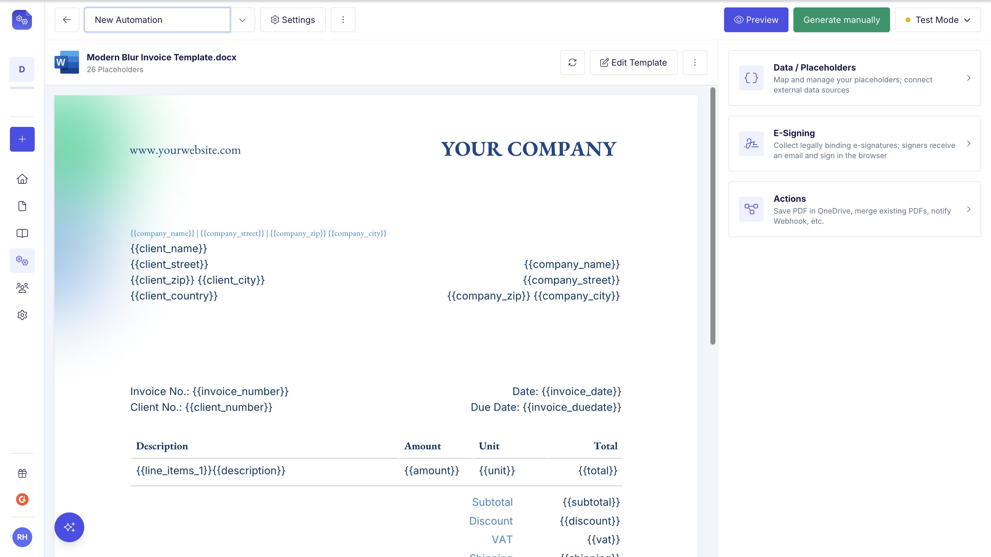 Automation with a Word invoice template applied, showing the Data / Placeholders, E-Signing and Actions panels