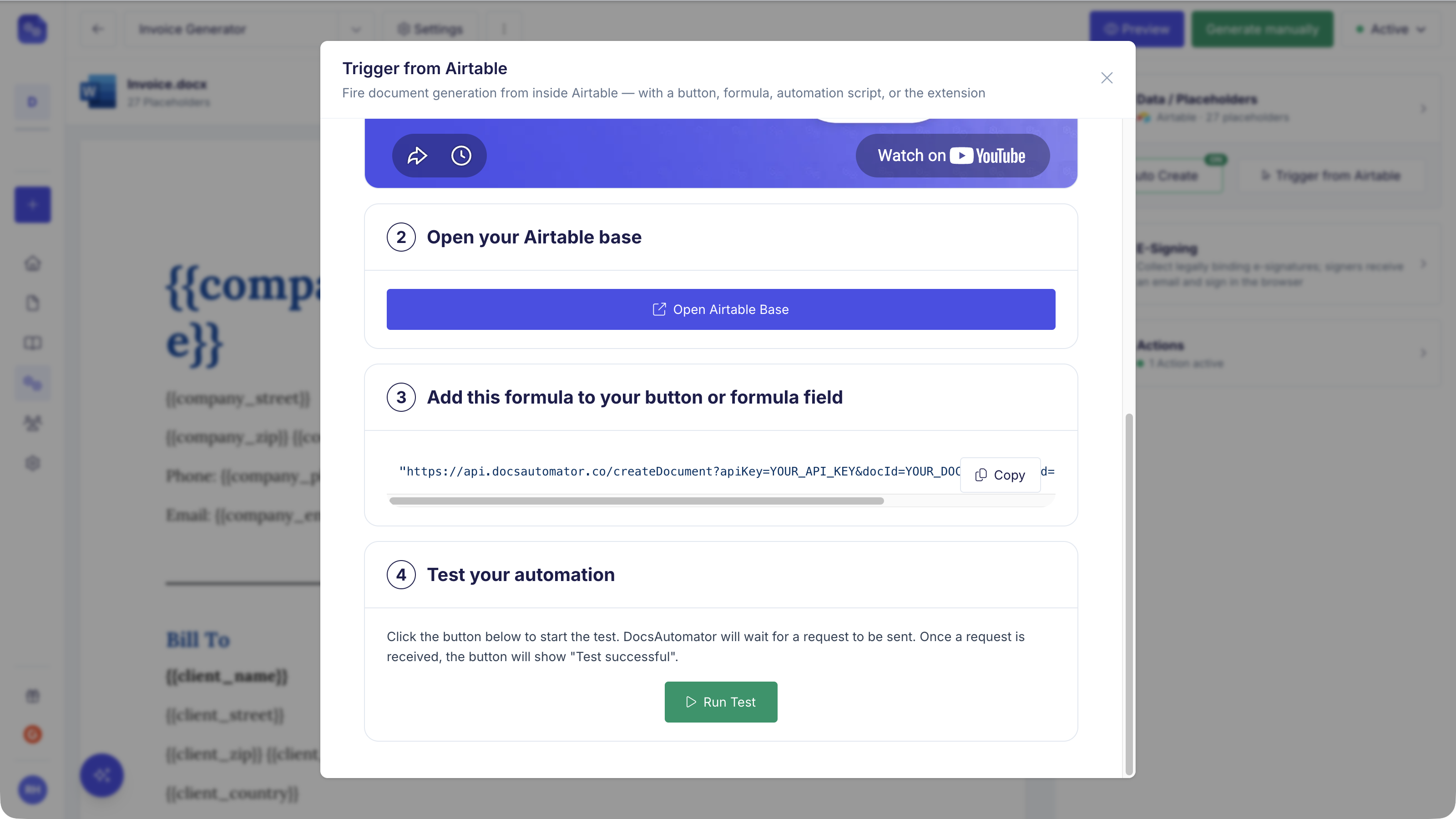 Trigger from Airtable dialog showing the formula to paste into a button or formula field, and the Run Test button