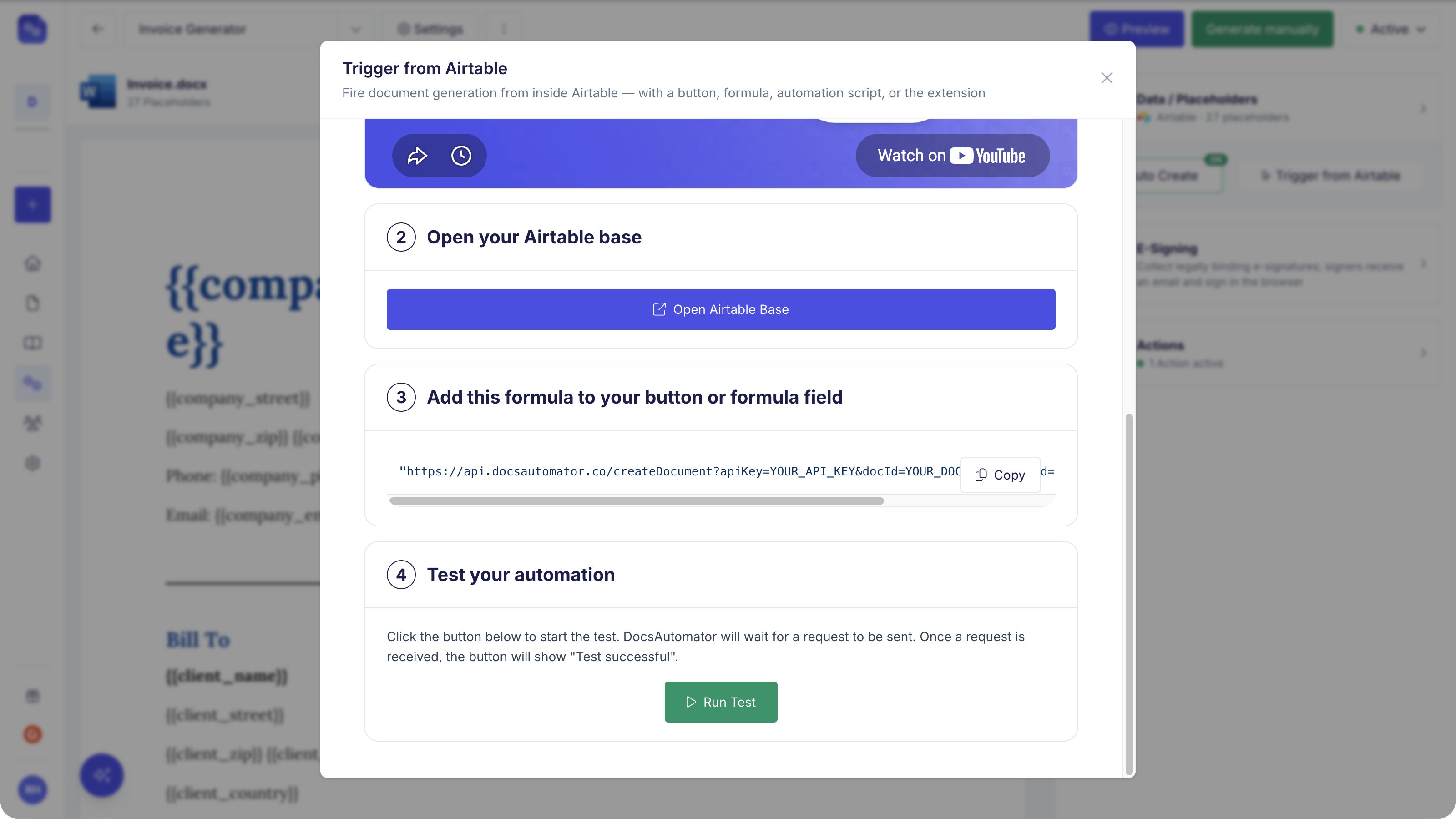 Trigger from Airtable dialog showing the formula to paste into a button or formula field, and the Run Test button