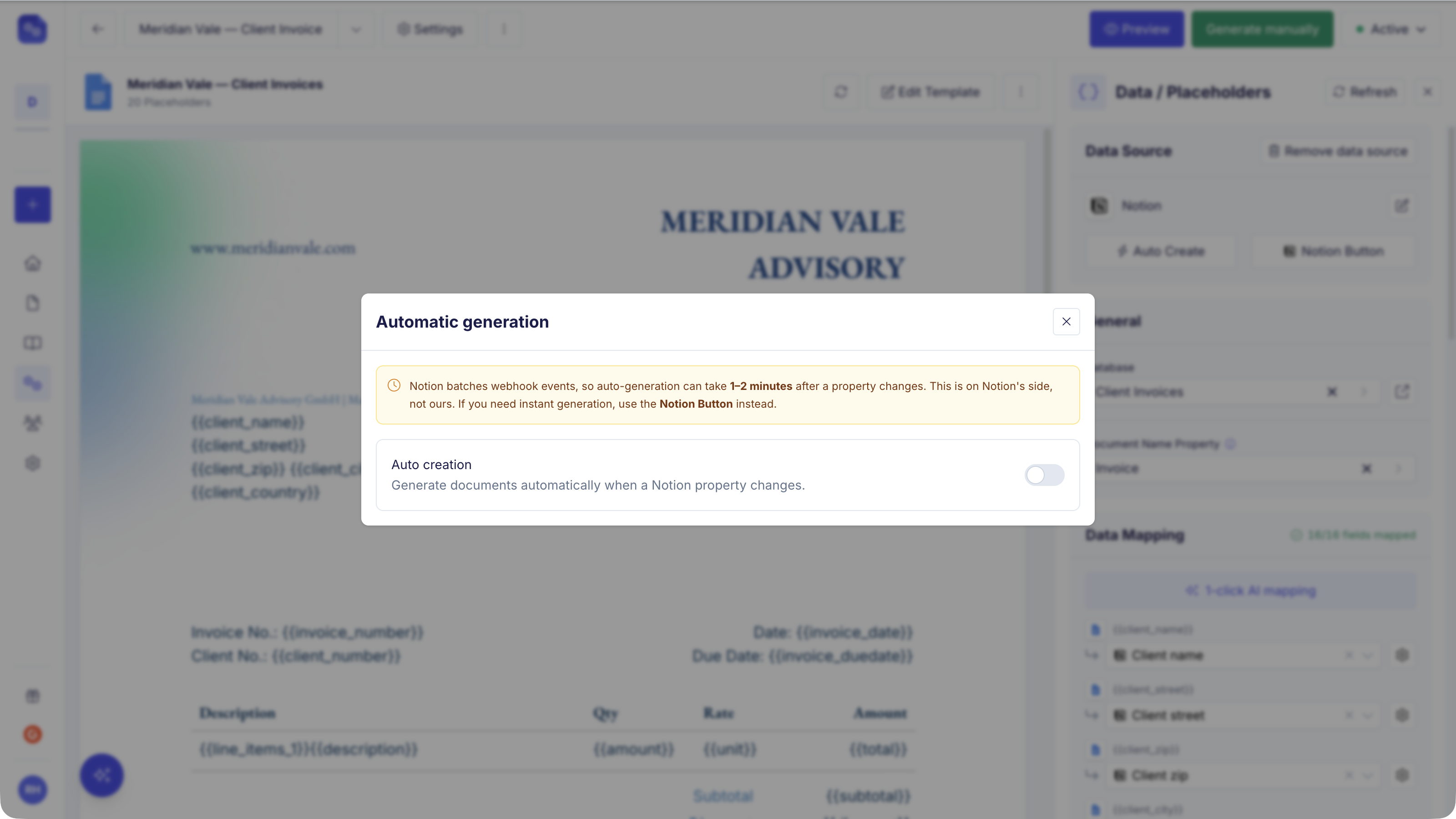 Automatic generation dialog with the Auto creation toggle, and a note that Notion batches webhook events so generation can take one to two minutes