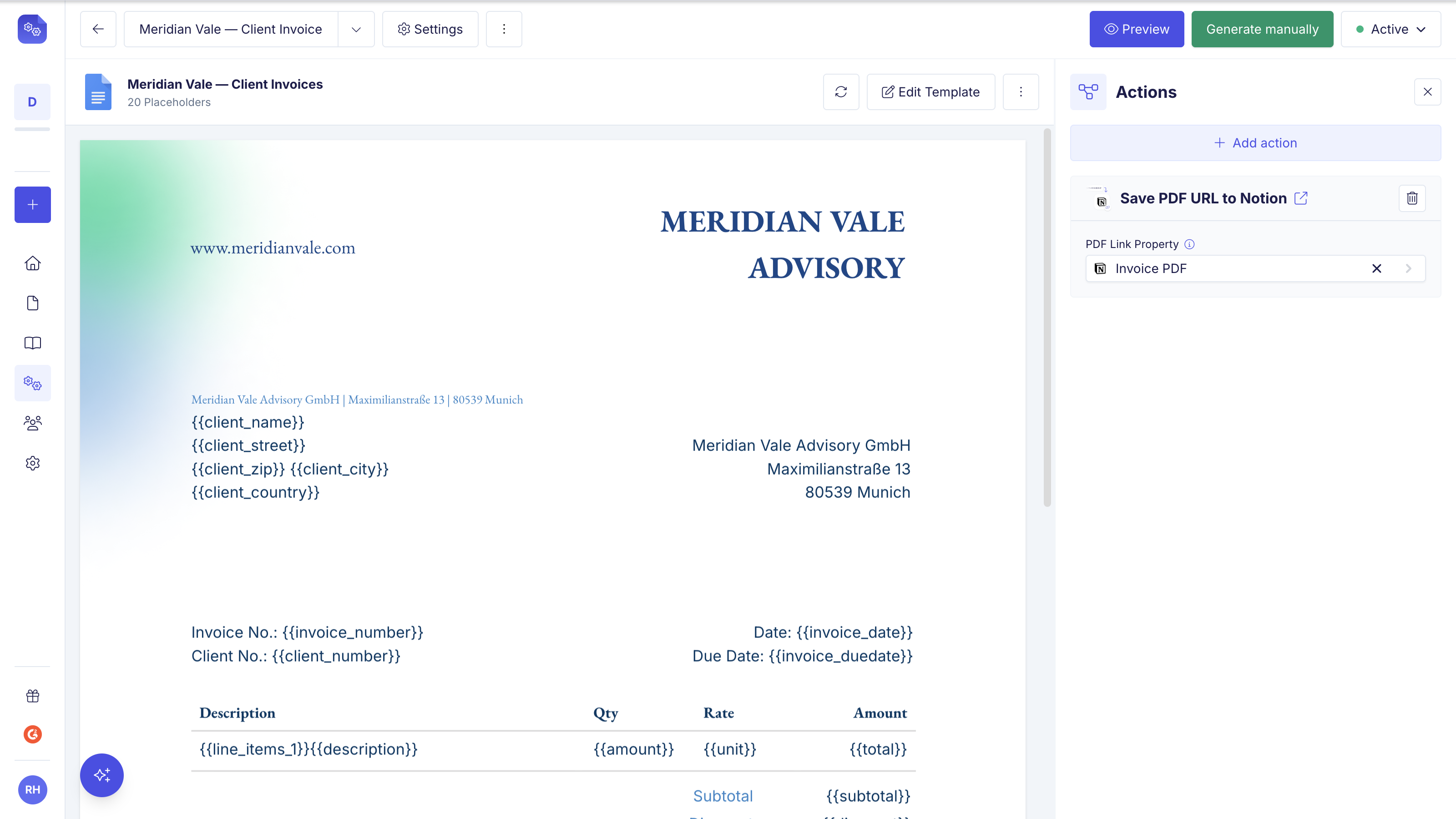 Actions panel with a Save PDF URL to Notion action and its PDF link property