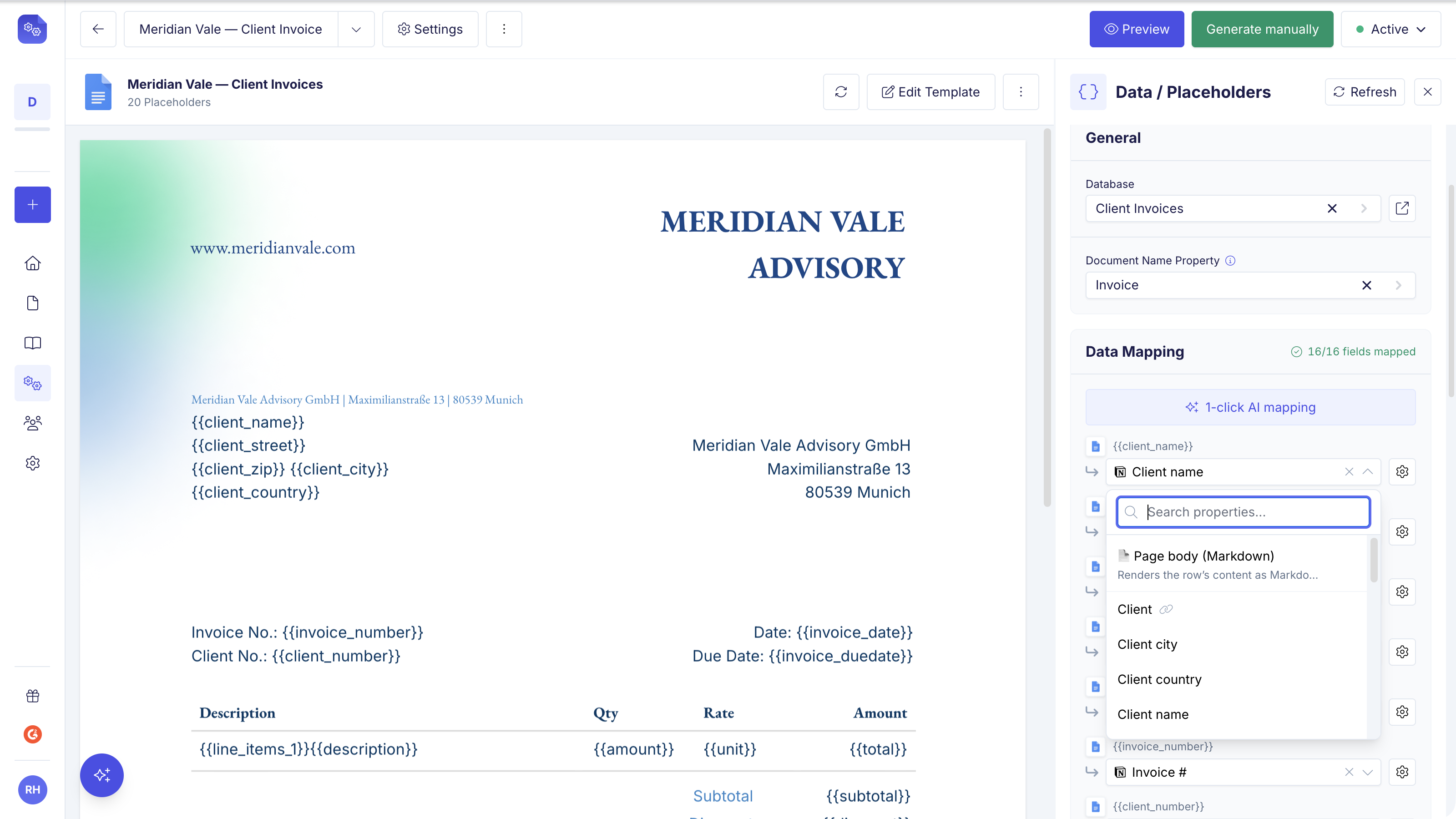 Property picker open, with Page body (Markdown) listed above the database properties