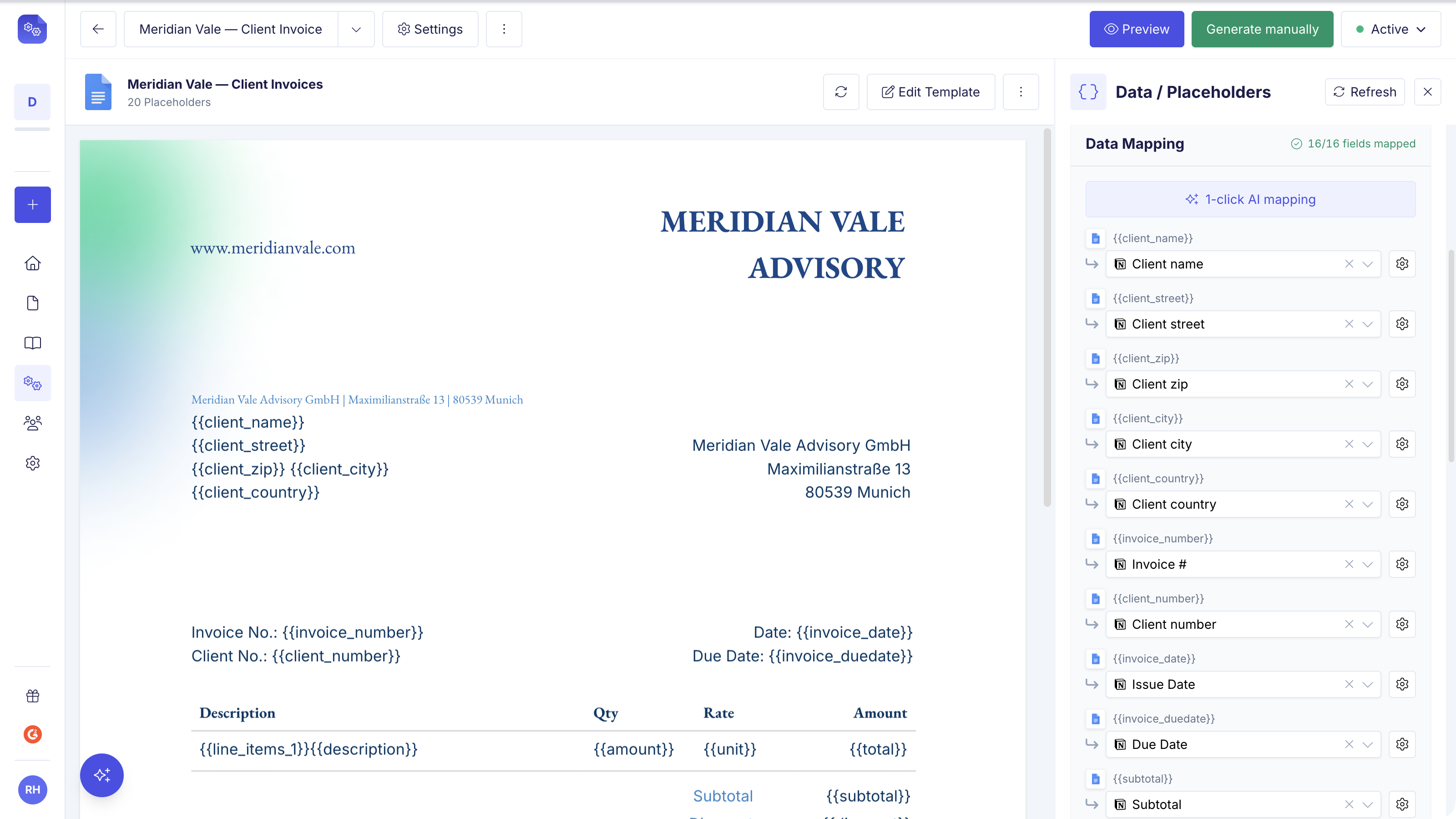 Data Mapping list pairing each template placeholder with a Notion property