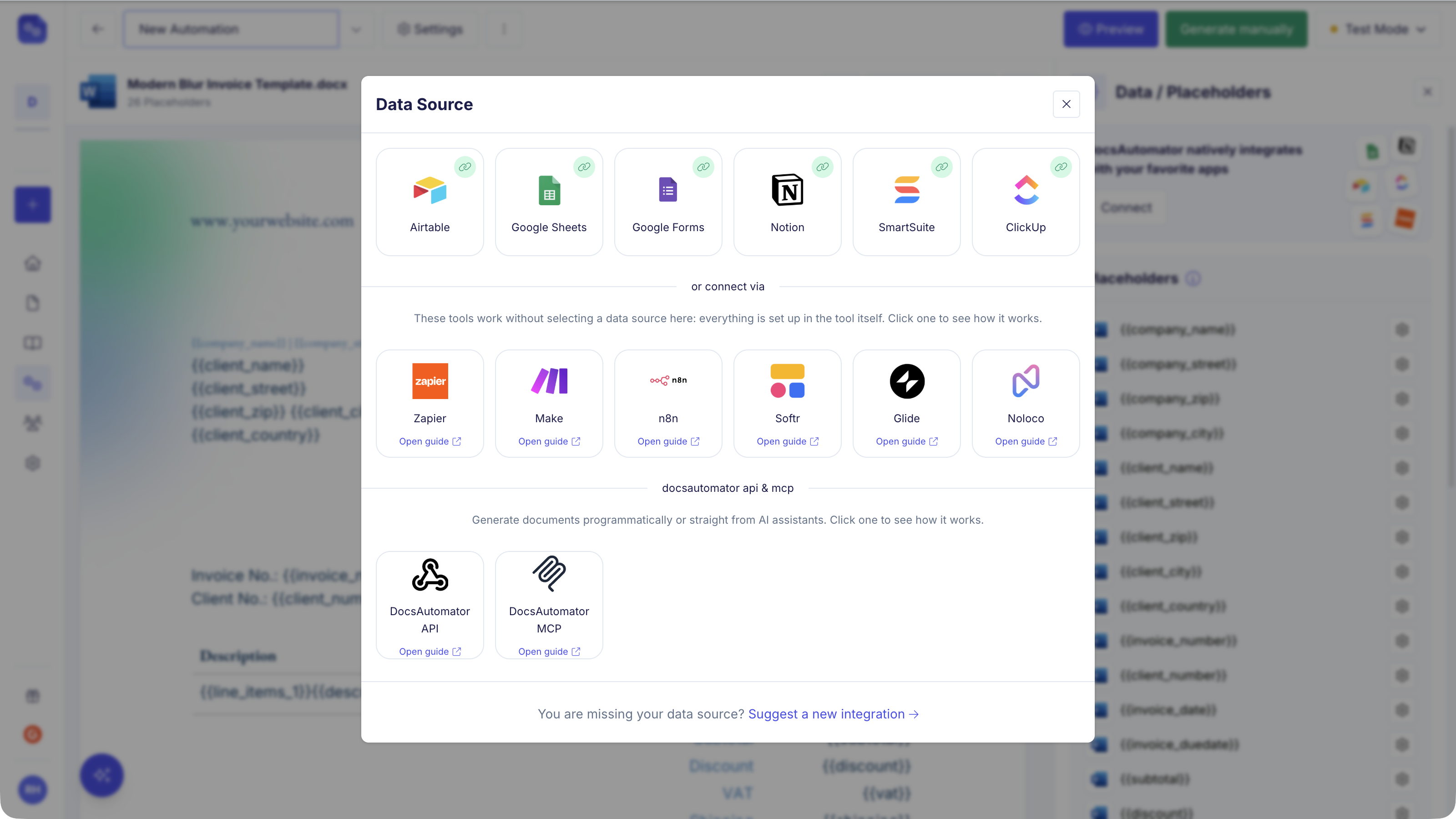 Data Source picker showing Airtable, Google Sheets, Google Forms, Notion, SmartSuite and ClickUp, plus Zapier, Make, n8n, Softr, Glide, Noloco and the DocsAutomator API and MCP server