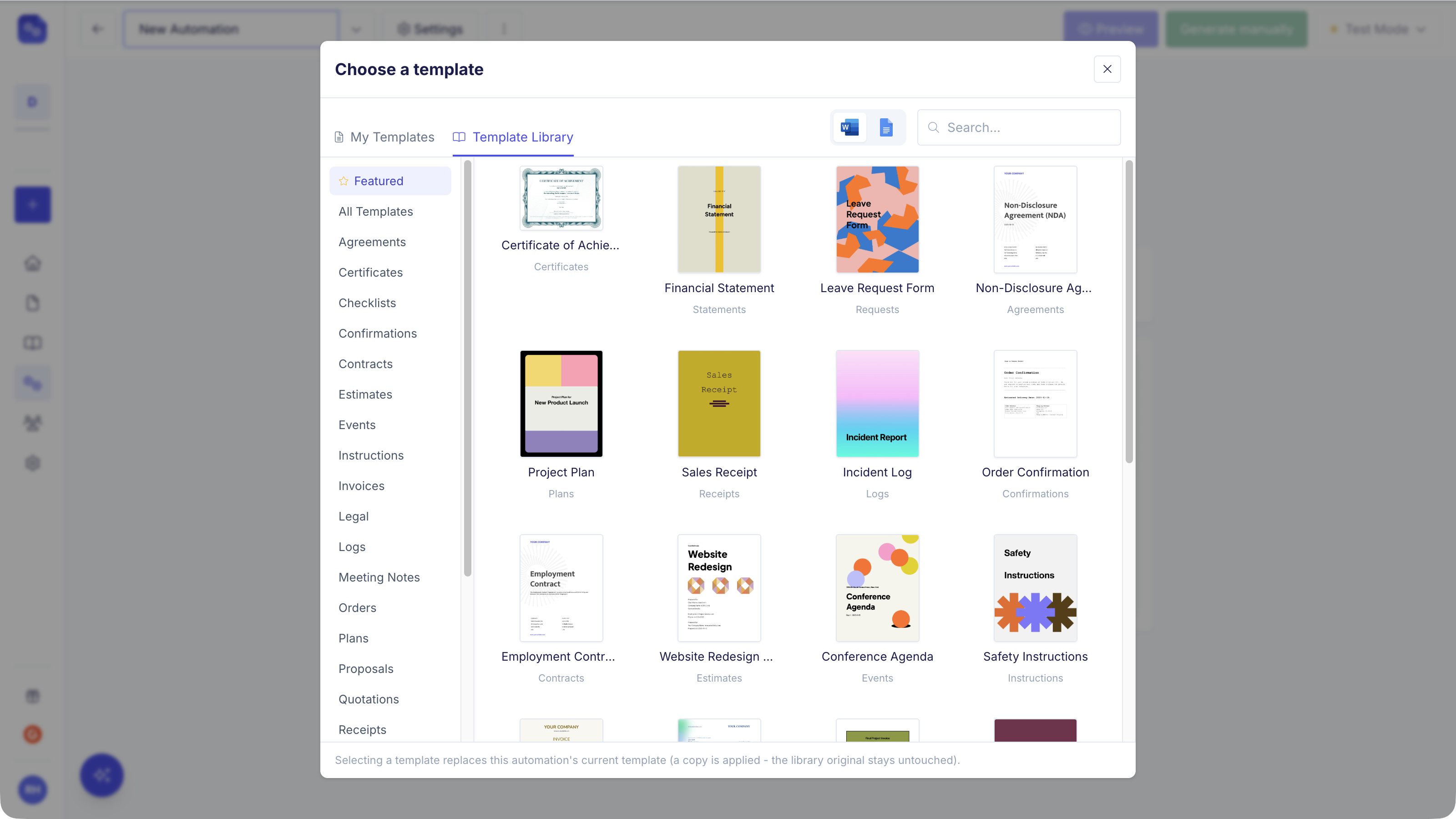 Template library showing featured designs by category, with format toggles for Word and Google Docs