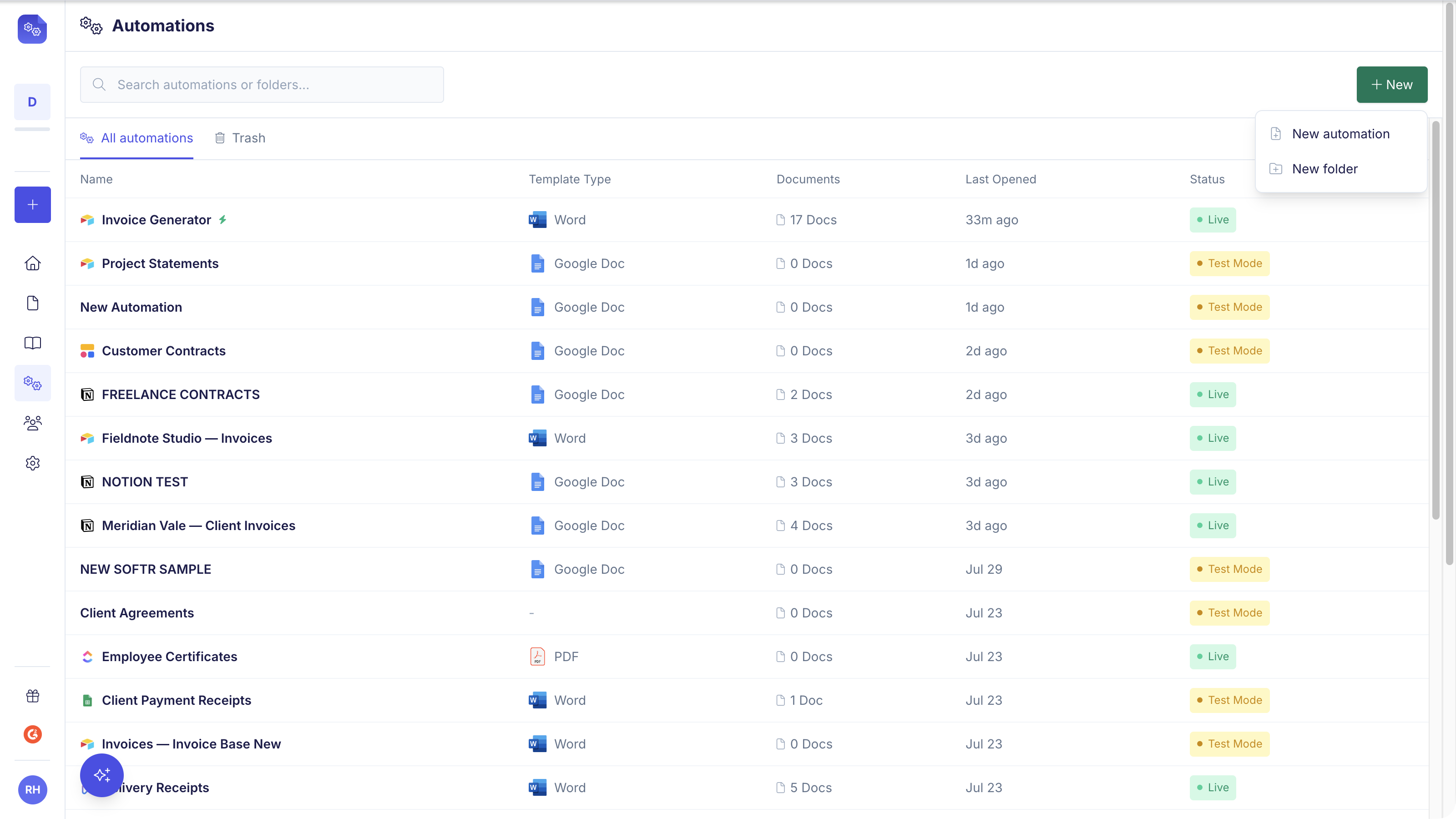 DocsAutomator dashboard with the New button