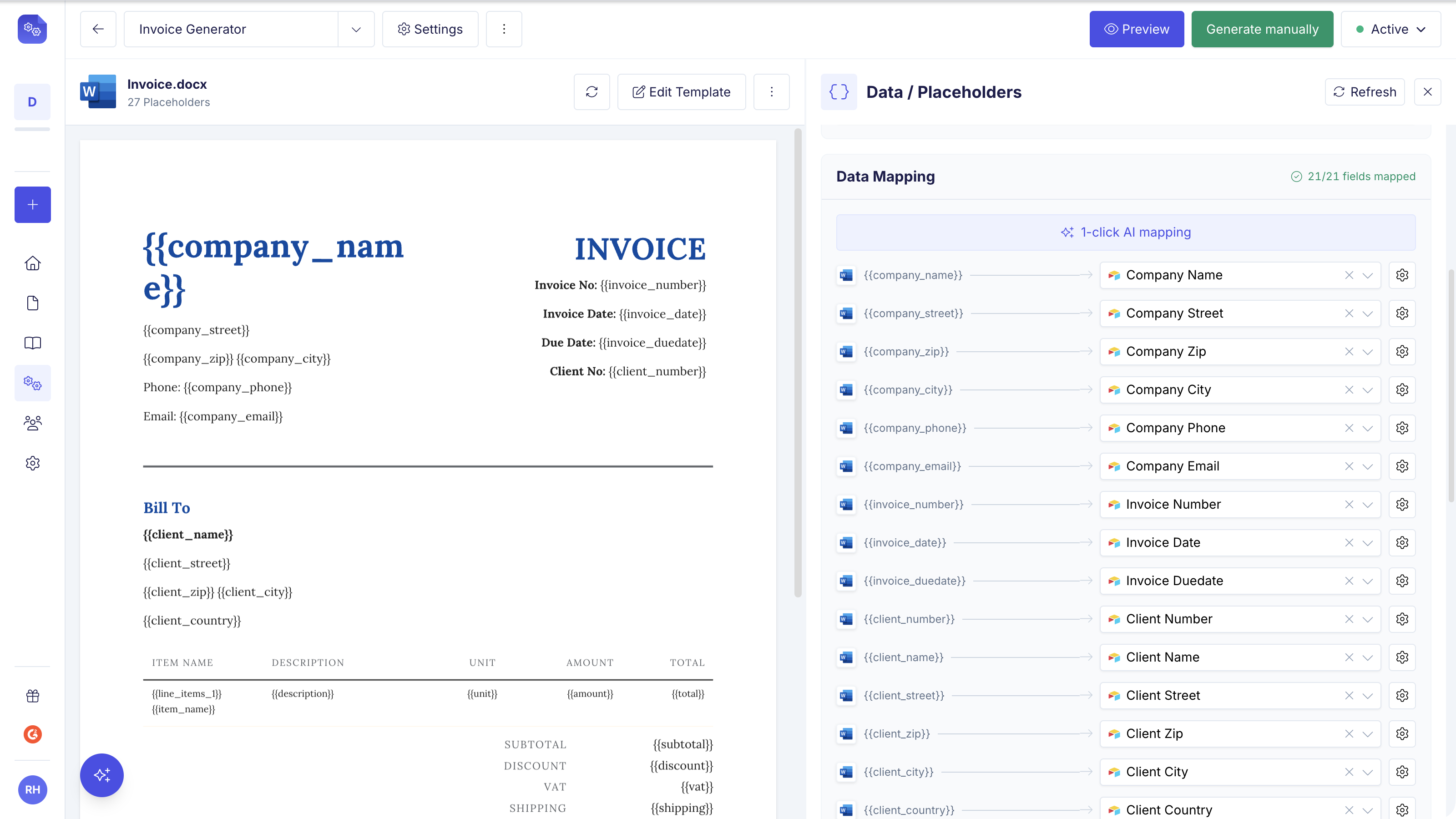 Mapping template placeholders to data source fields