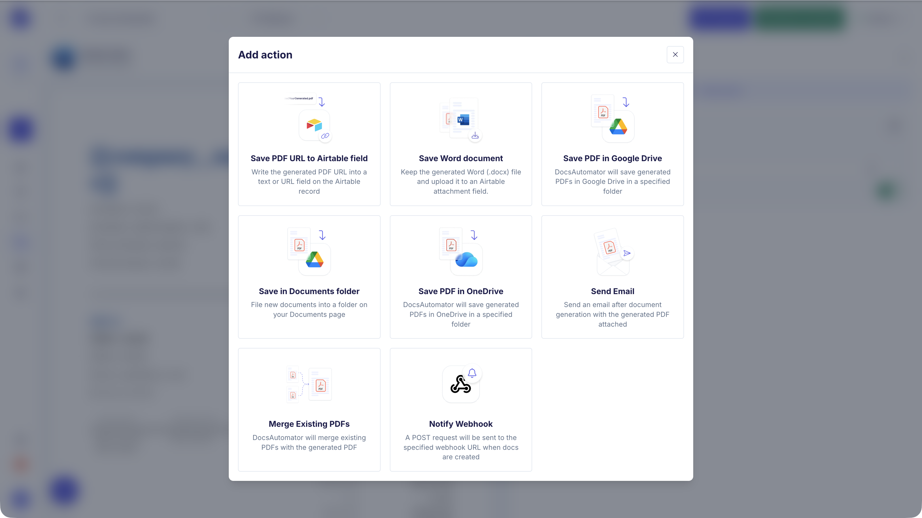Add action dialog offering Save PDF URL to Airtable field, Save Word document, Save PDF in Google Drive, Save in Documents folder, Save PDF in OneDrive, Send Email, Merge Existing PDFs and Notify Webhook