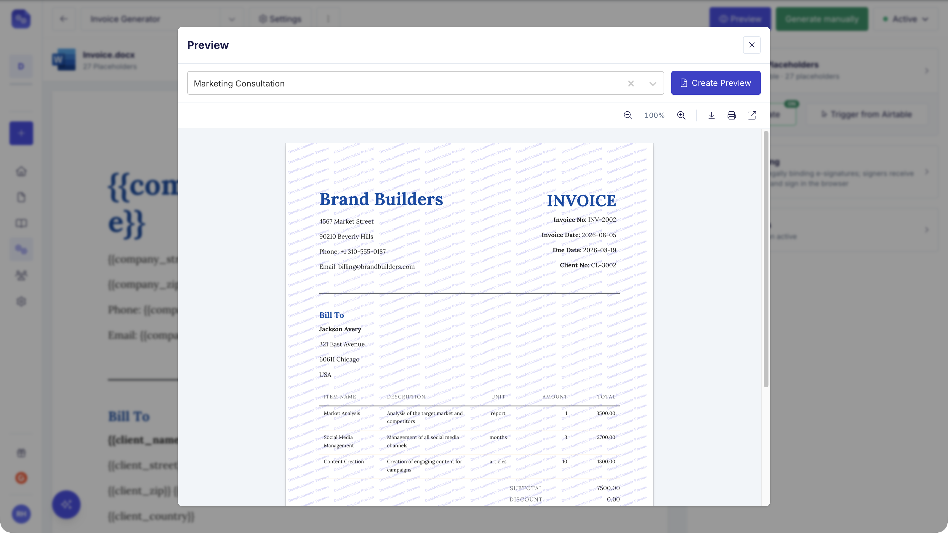 Preview dialog showing a generated invoice PDF for the selected record