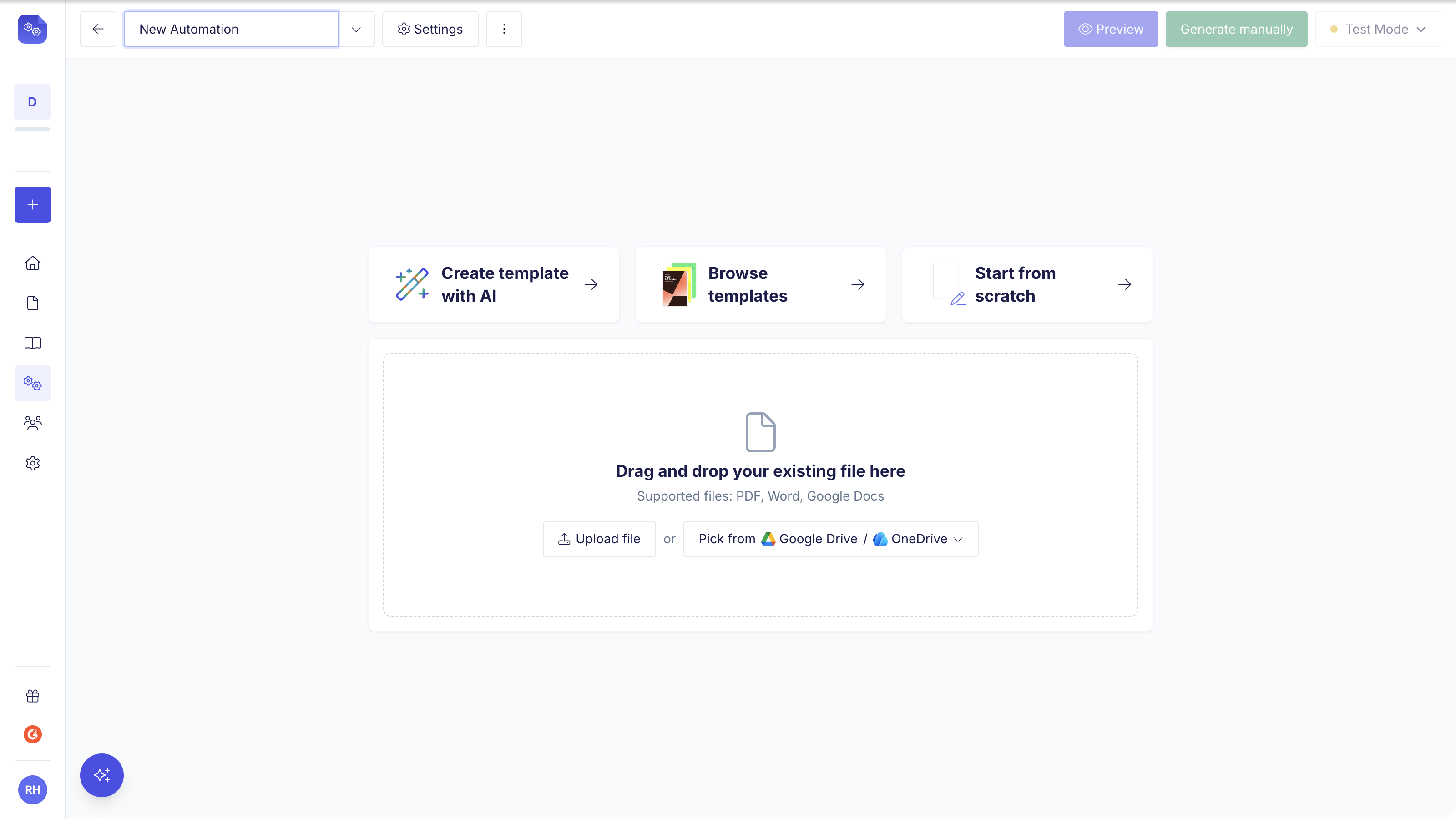 Template area offering Create template with AI, Browse templates and Start from scratch, above a drag and drop area for PDF, Word and Google Docs files