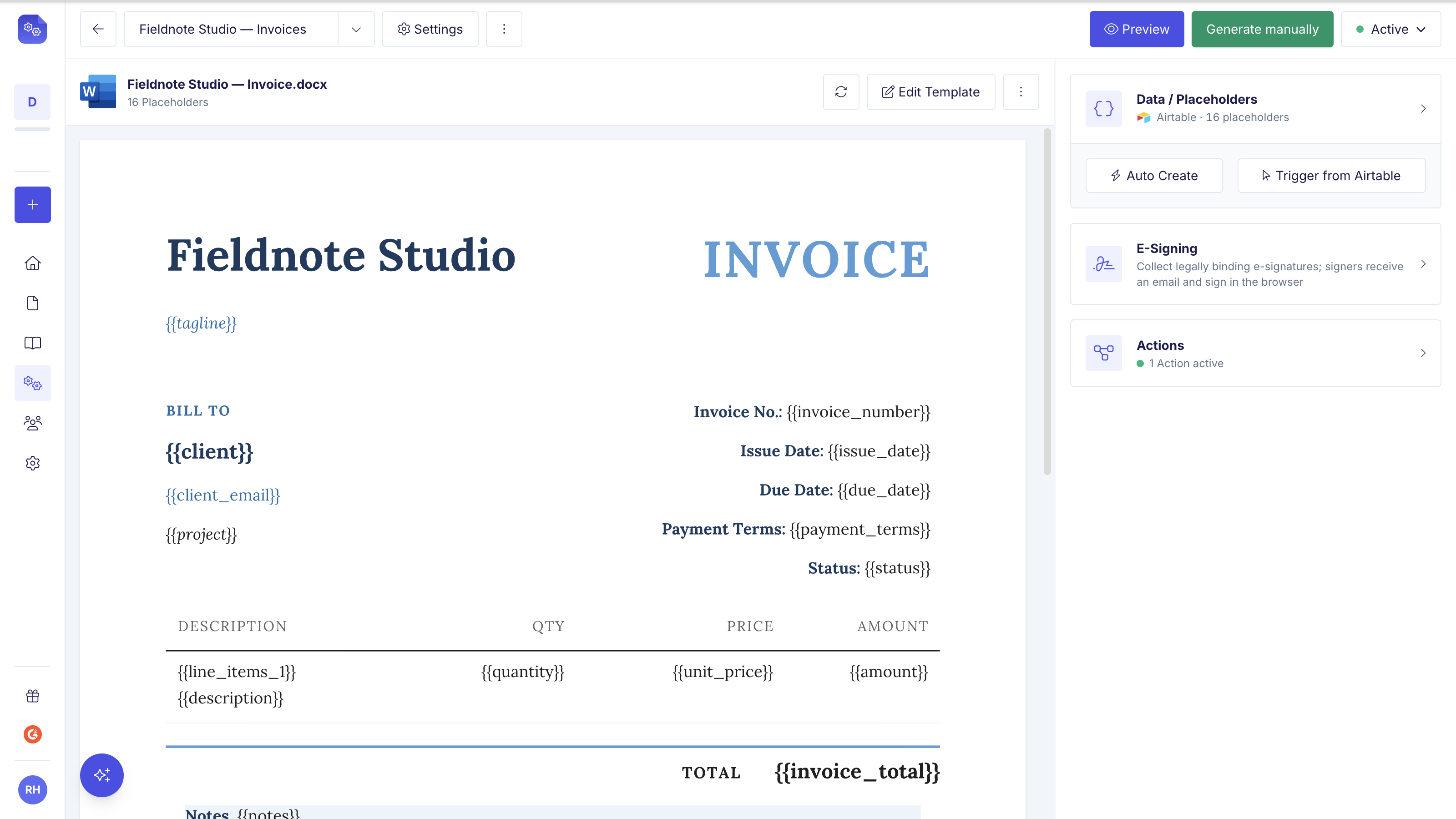 Word template in the automation editor showing the file name, the placeholder count, and a live preview of the invoice