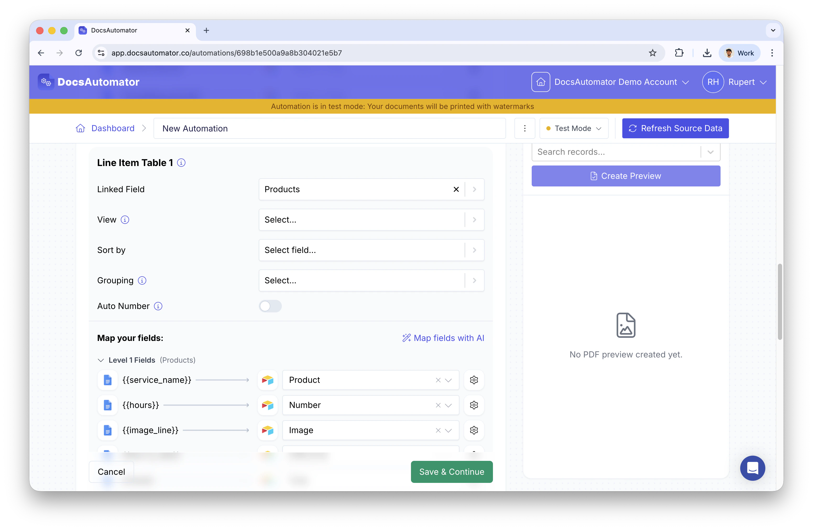 Line item mapping with linked field, view, sort, and grouping options