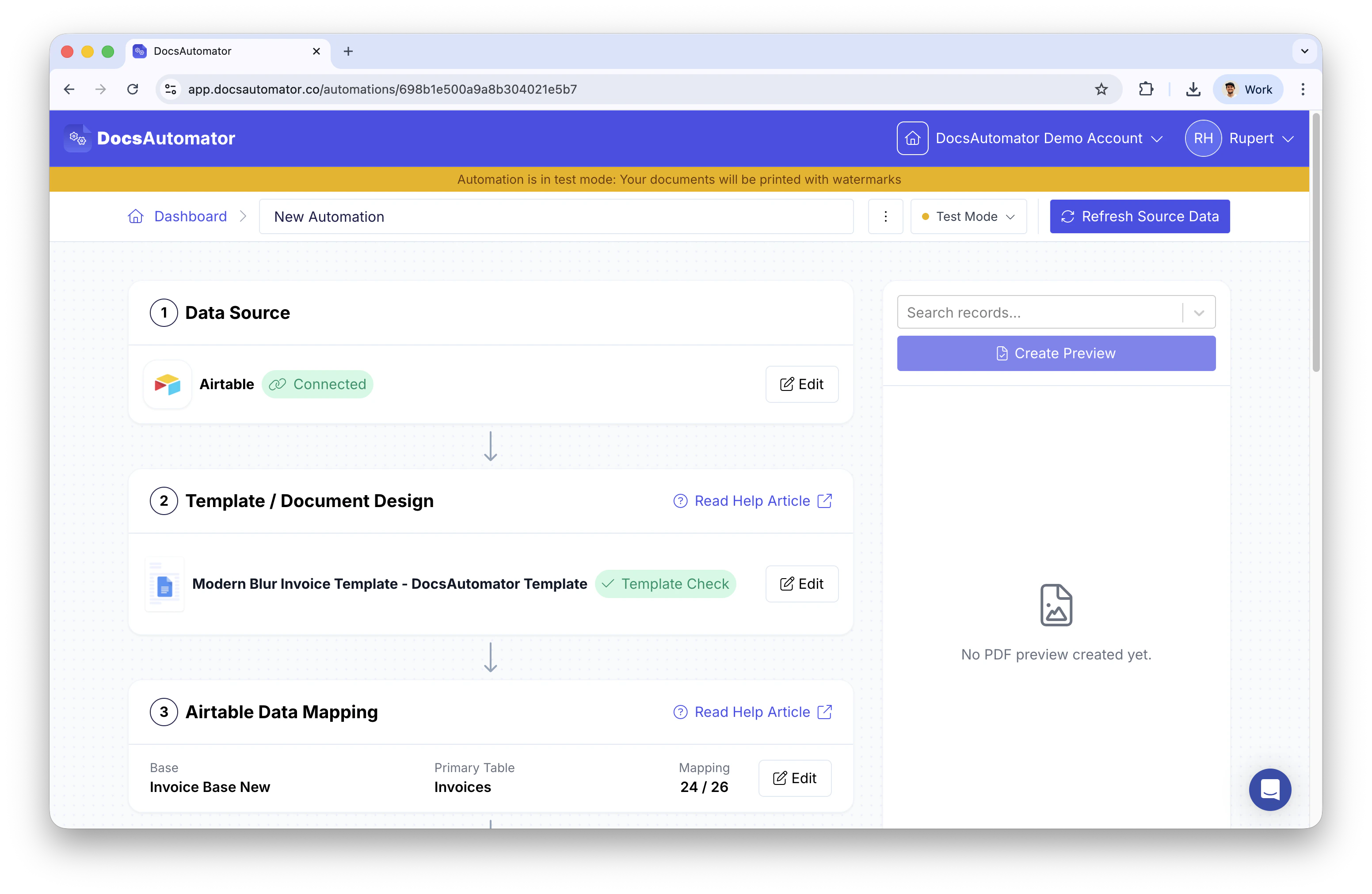 Airtable automation overview showing data source, template, and field mapping