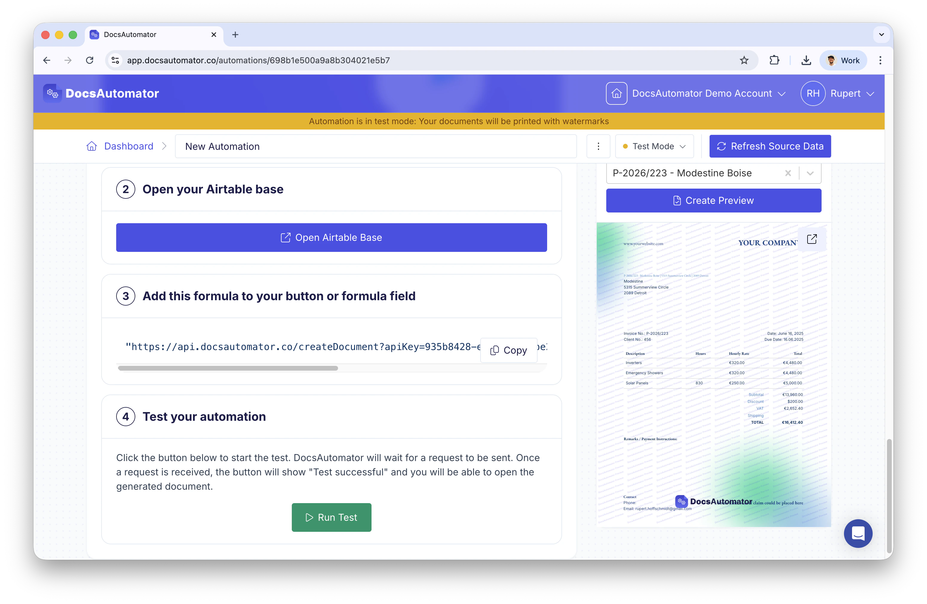 Webhook formula URL and Run Test button