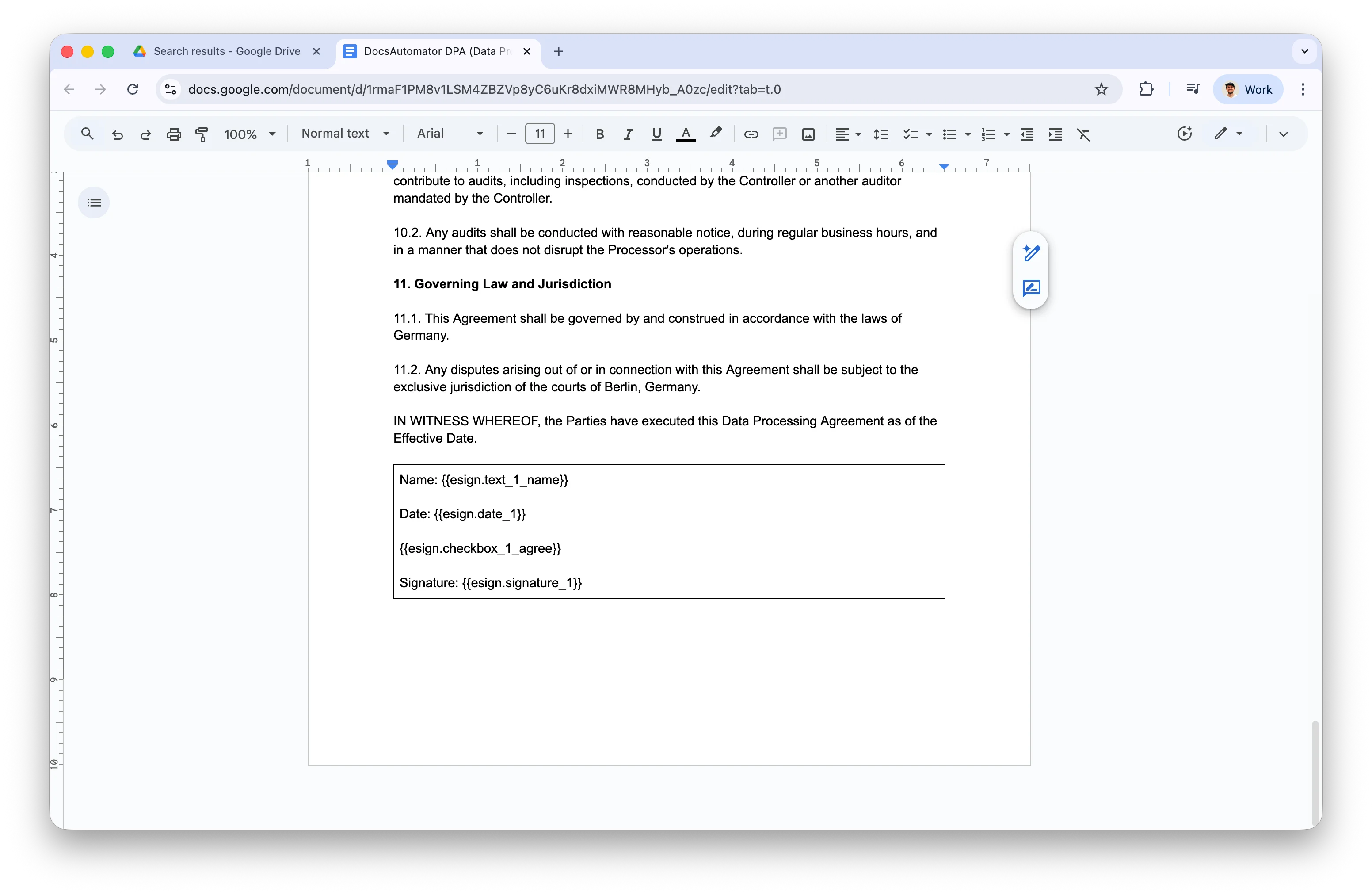 Google Doc showing e-signature placeholders including {{esign.text_1_name}}, {{esign.date_1}}, {{esign.checkbox_1_agree}}, and {{esign.signature_1}}