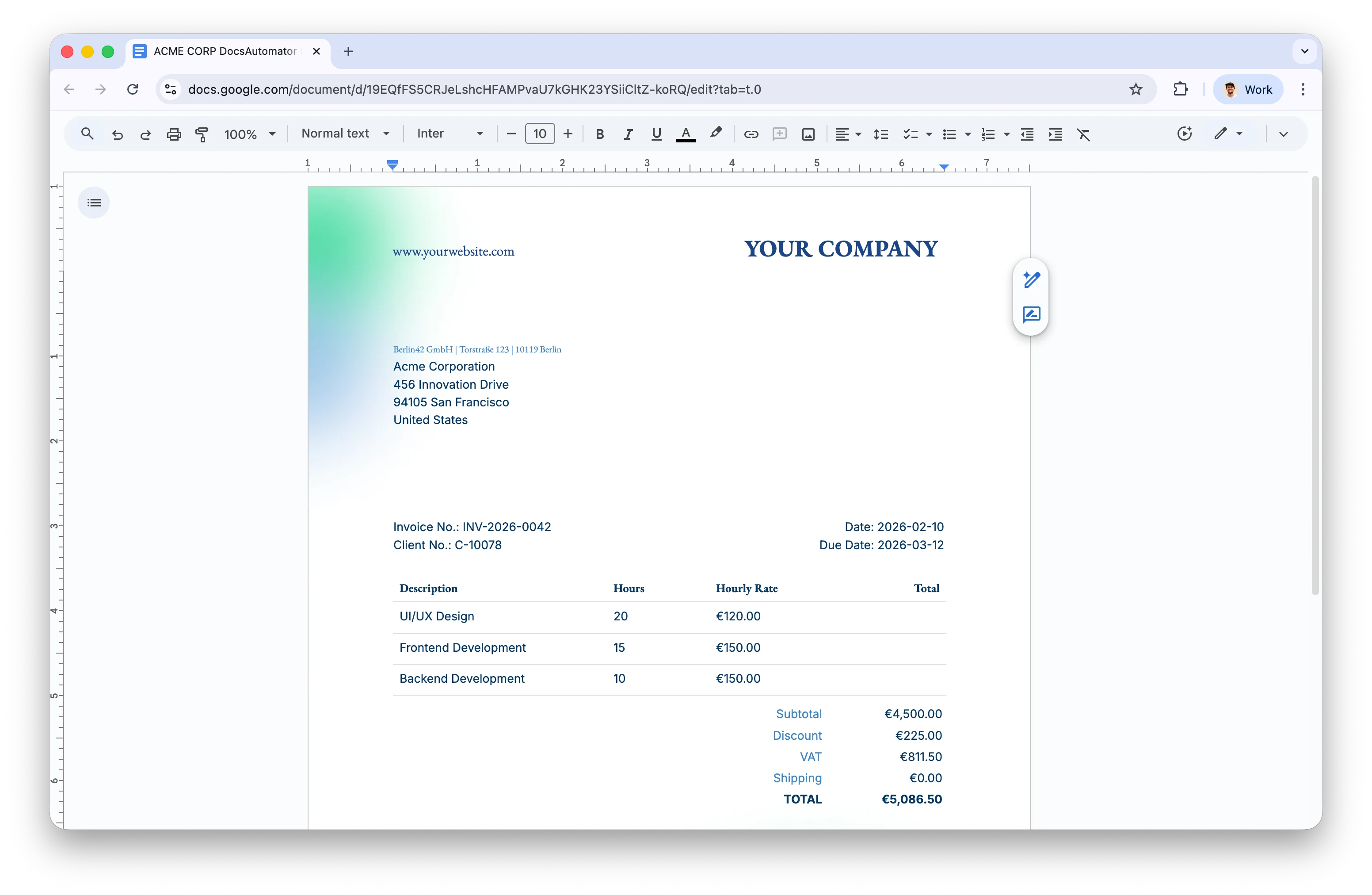Generated invoice showing Acme Corporation with line items for UI/UX Design, Frontend Development, and Backend Development
