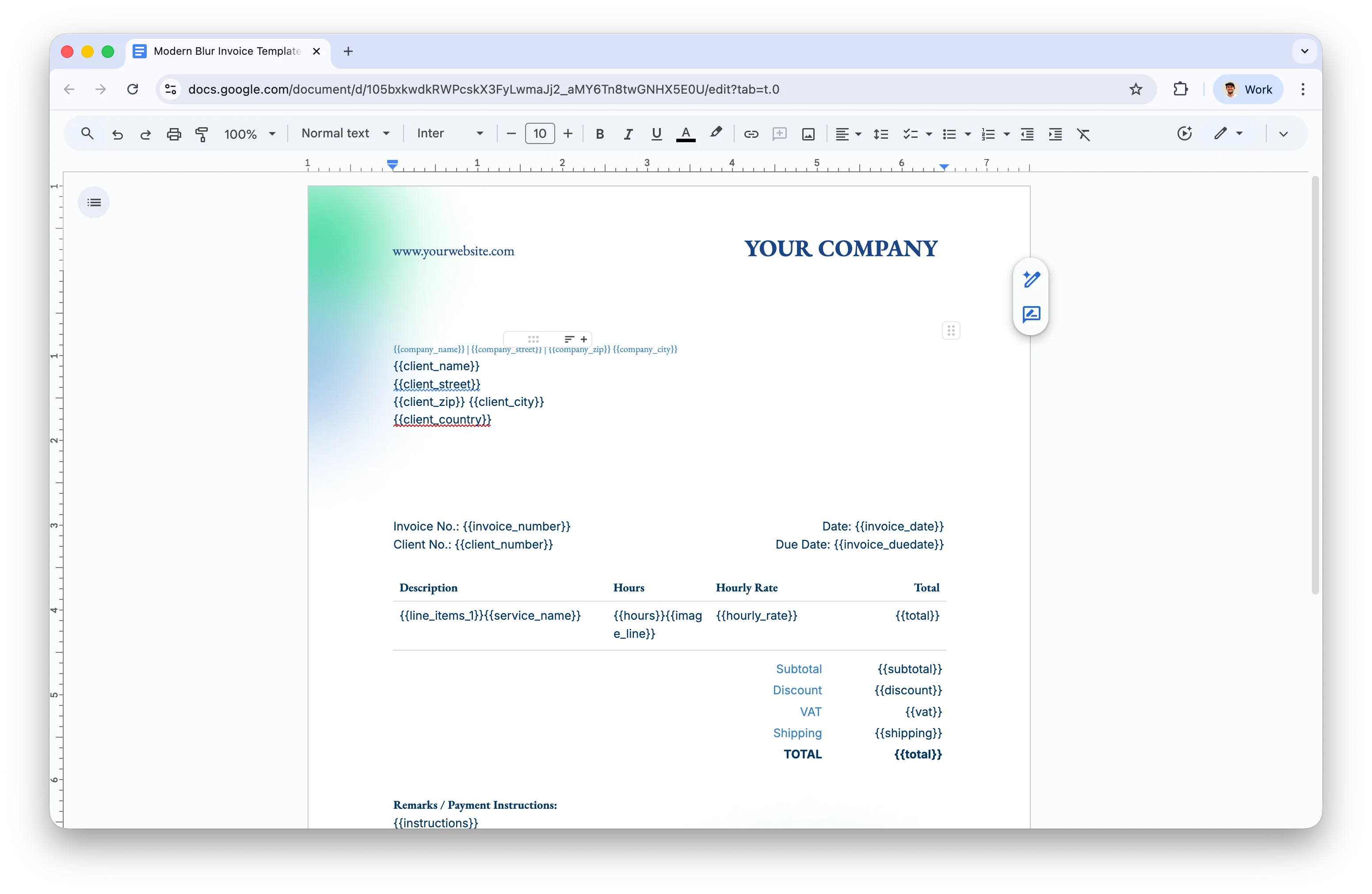 Google Doc invoice template showing placeholders like {{client_name}}, {{line_items_1}}{{service_name}}, and summary fields