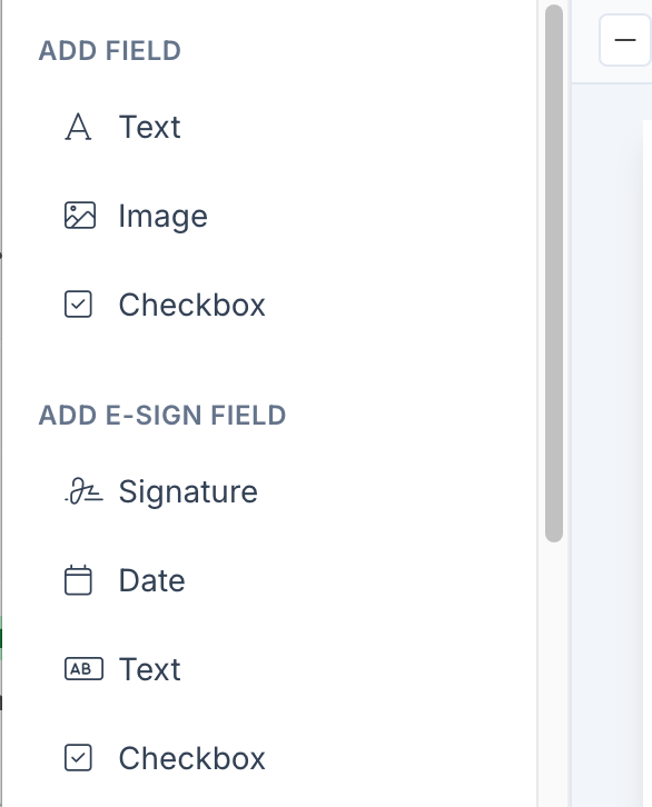 Add Field section with Text, Image, Checkbox and Add E-Sign Field section with Signature, Date, Text, Checkbox