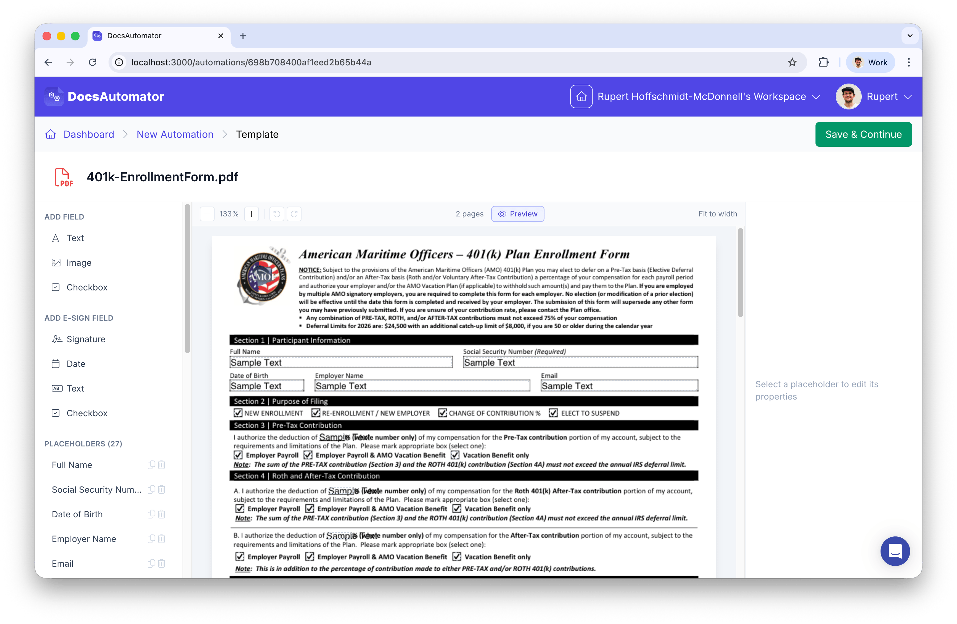 Visual editor showing multiple text fields placed on a PDF enrollment form
