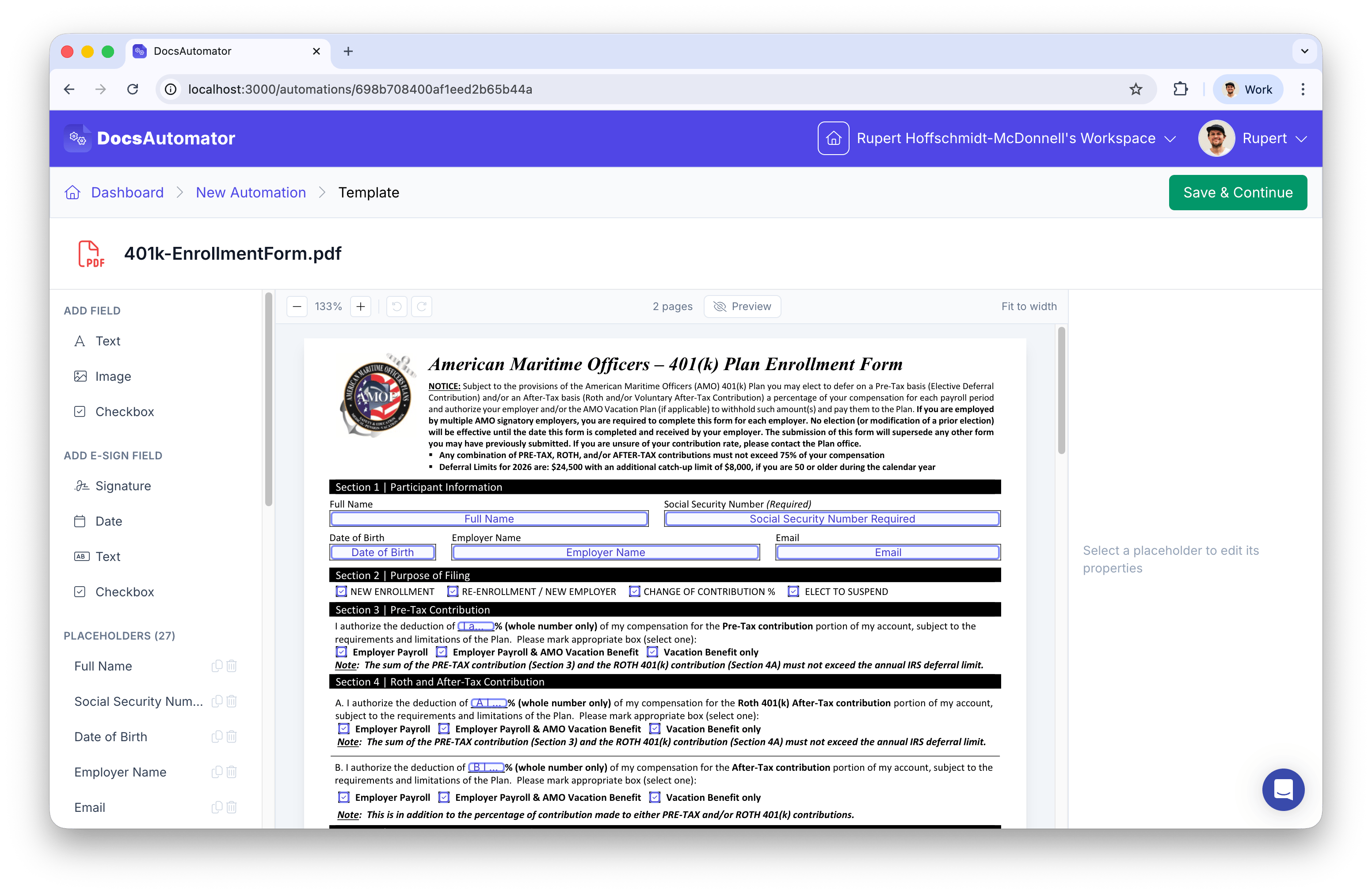 Visual placeholder editor showing the PDF with field types in the left sidebar