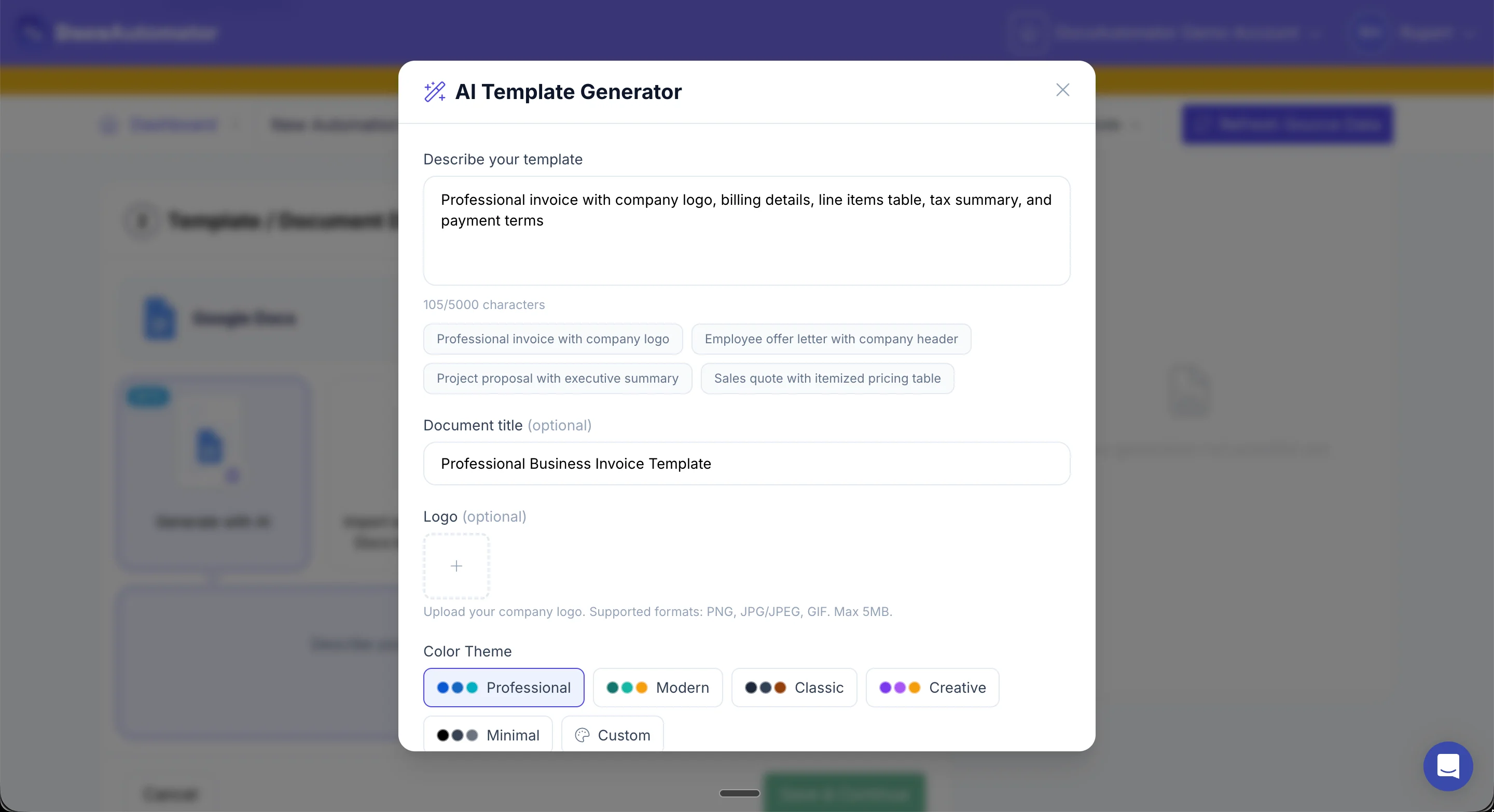 AI Template Generator dialog with description, document title, logo upload, and color theme options
