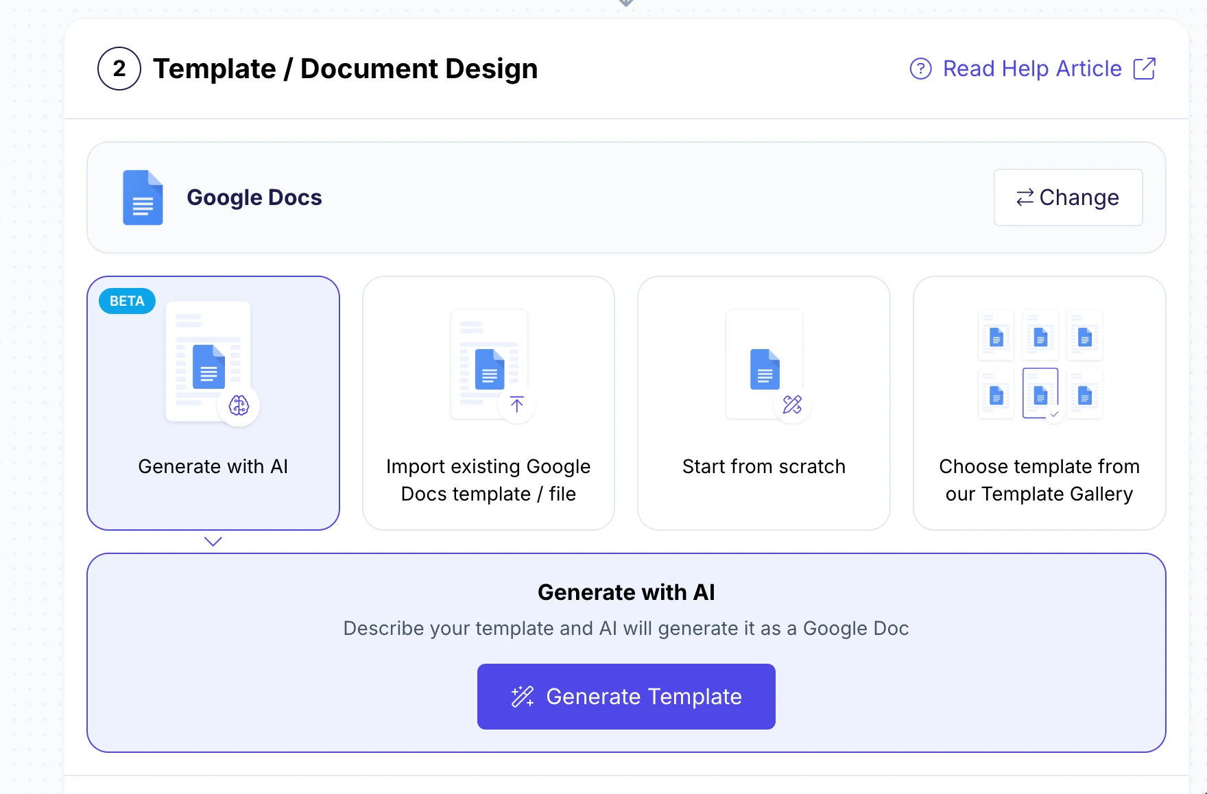 Template / Document Design step showing the Generate with AI option