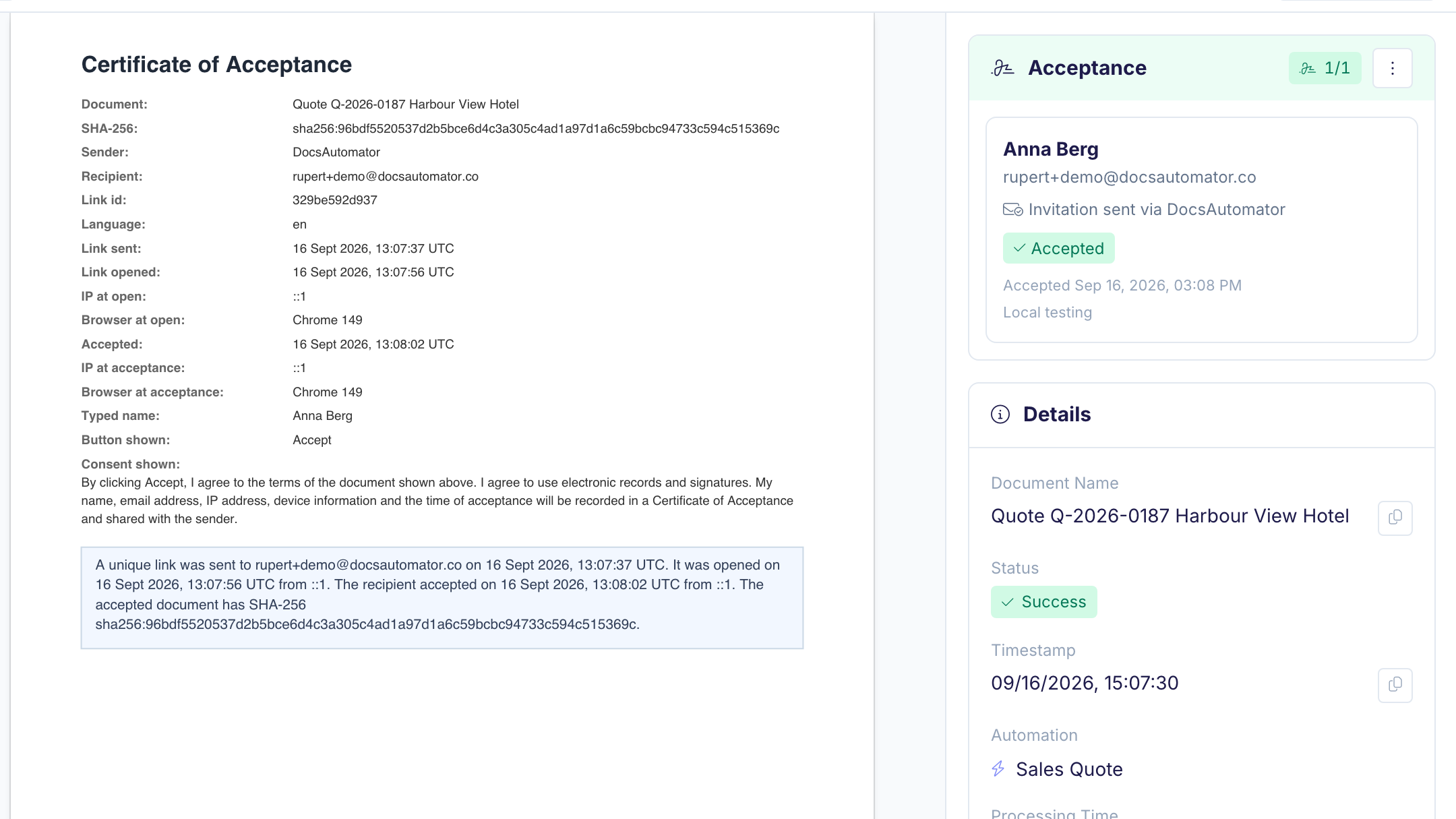 The acceptance record of an accepted quote. It lists the document, its SHA-256 fingerprint, the sender, the recipient, the times the link was sent, opened, and accepted, the IP address and browser at open and at acceptance, the typed name, the button shown, the consent shown, and a plain-language statement of the process. A panel on the right shows the recipient as Accepted.