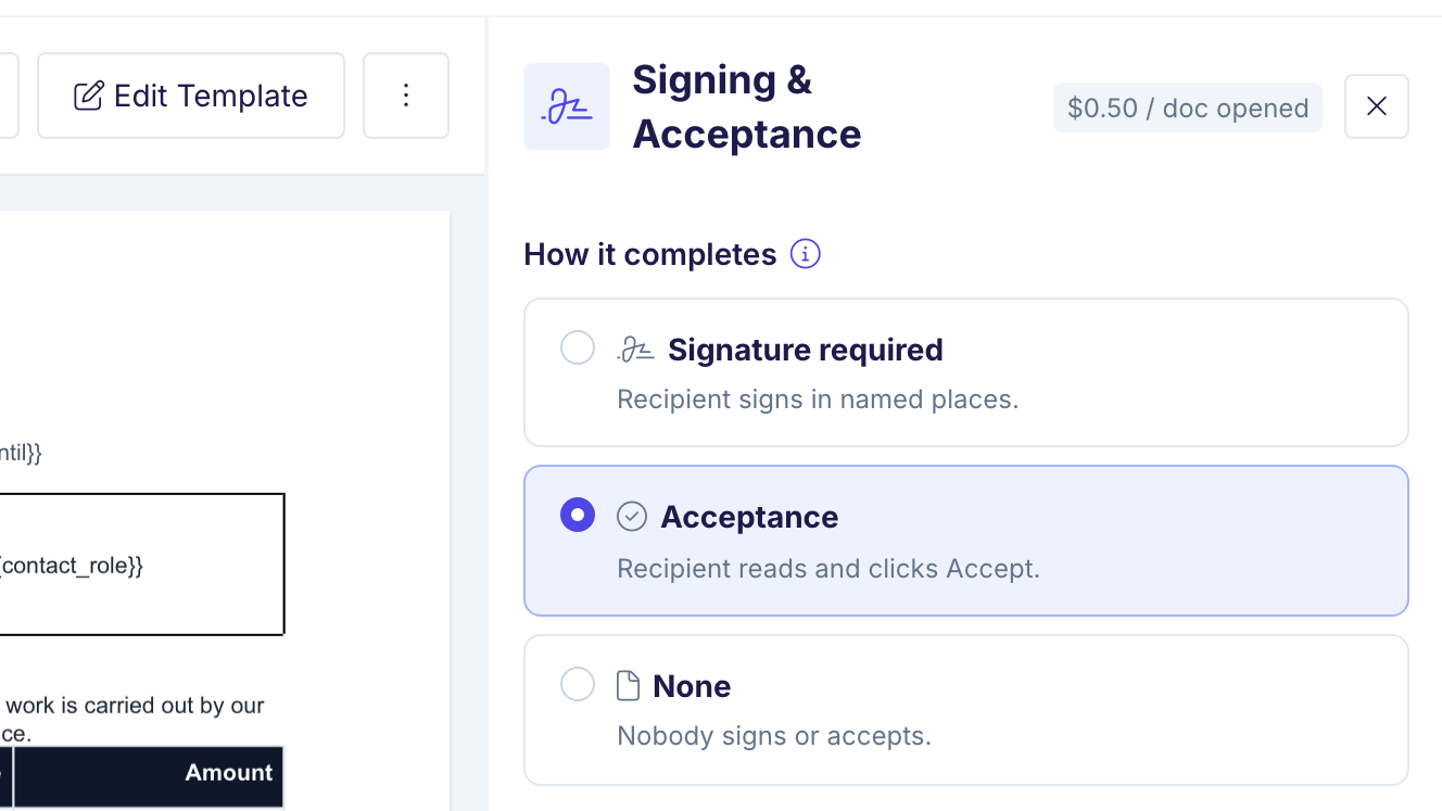 The Signing & Acceptance card of an automation. Under How it completes, the three options Signature required, Acceptance, and None are shown, with Acceptance selected.