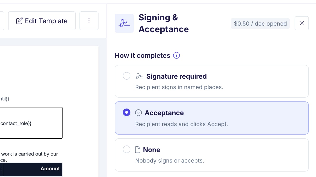 The Signing & Acceptance card of an automation. Under How it completes, the three options Signature required, Acceptance, and None are shown, with Acceptance selected.