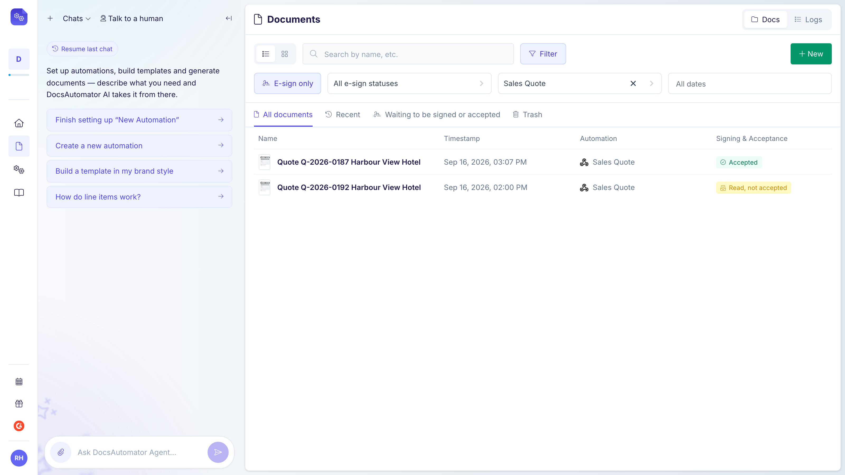 The Documents page with the E-sign only filter on. The Signing & Acceptance column shows badges such as Read, not accepted, Not opened yet, 1 of 1 accepted, and Expired. A tab reads Waiting to be signed or accepted.