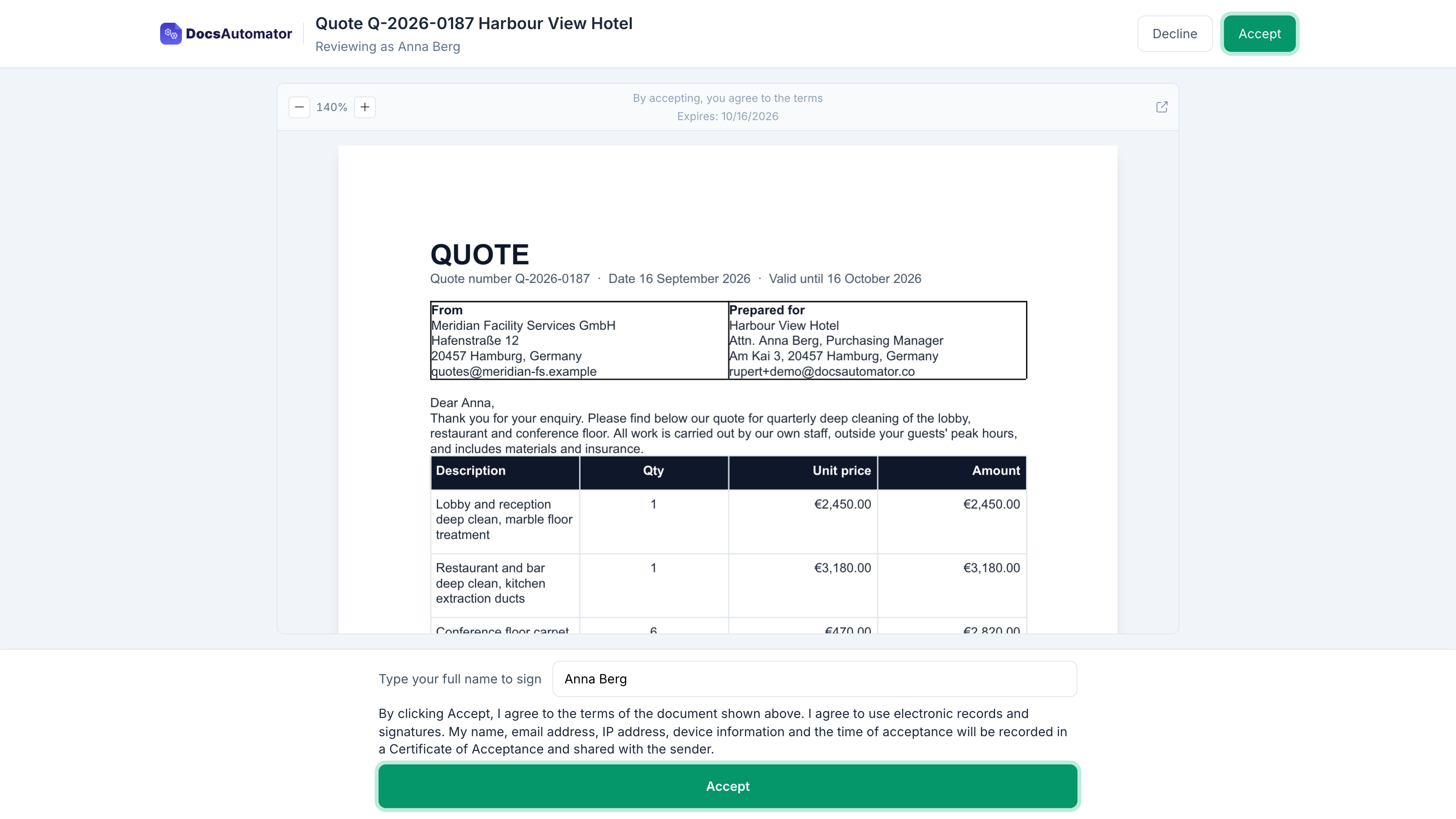 The acceptance page for a quote. The document is shown in the middle. Below it sit the field Type your full name, the consent line, and a green Accept button. Decline and Accept buttons also sit in the header.