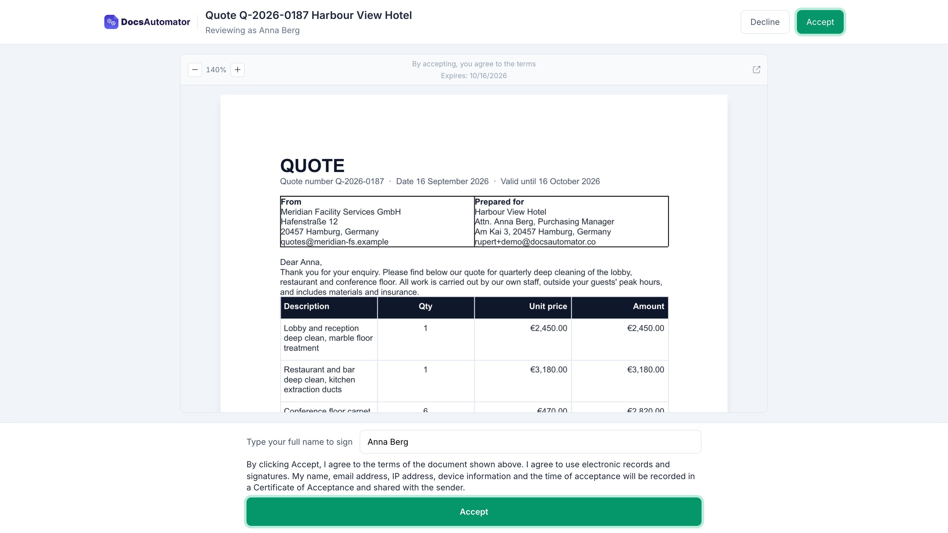 The acceptance page for a quote. The document is shown in the middle. Below it sit the field Type your full name, the consent line, and a green Accept button. Decline and Accept buttons also sit in the header.