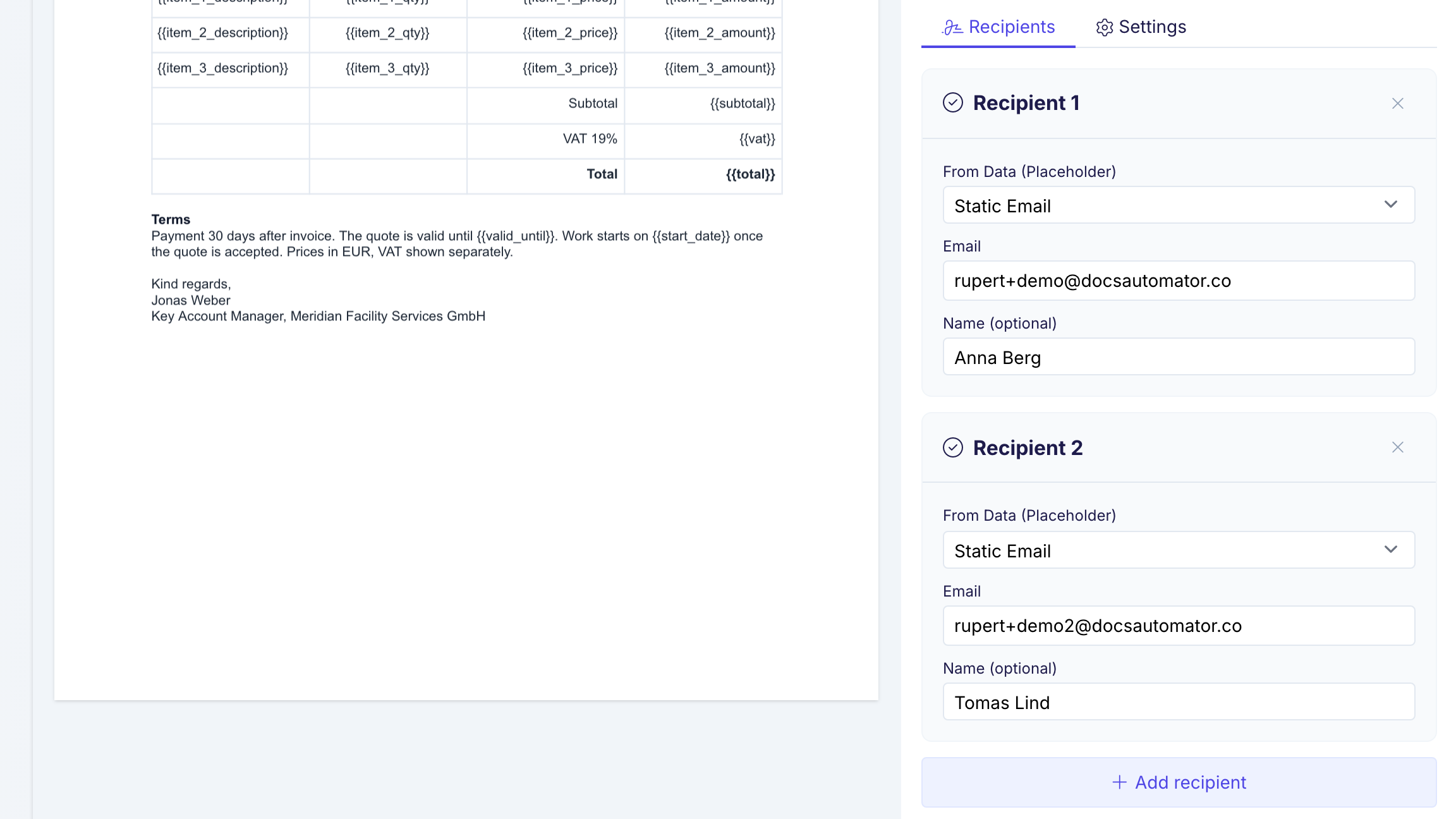 The Recipients tab of an automation in acceptance mode. Two recipients are listed, each with an email address and an optional name, and a button to add a recipient.