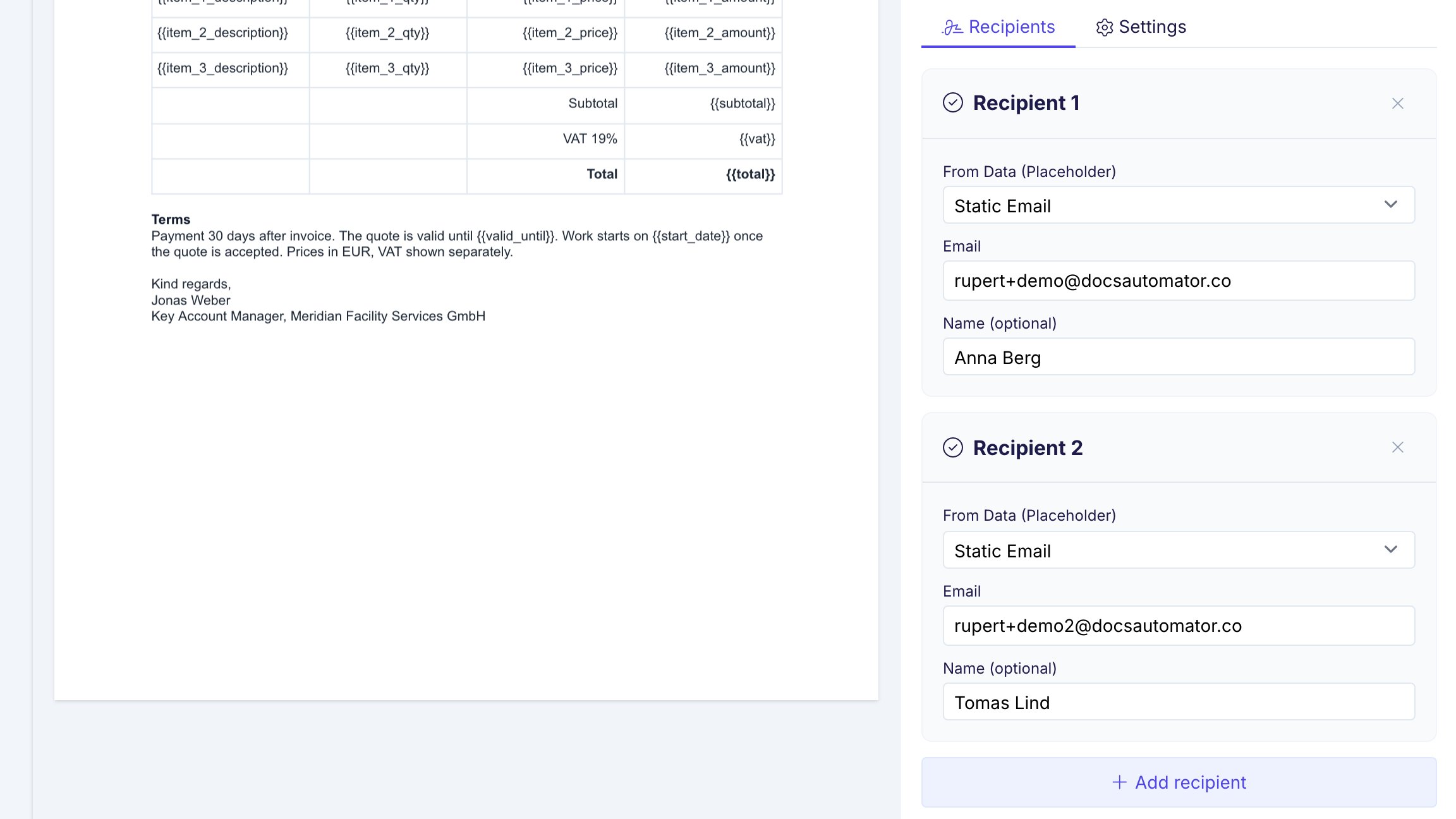 The Recipients tab of an automation in acceptance mode. Two recipients are listed, each with an email address and an optional name, and a button to add a recipient.