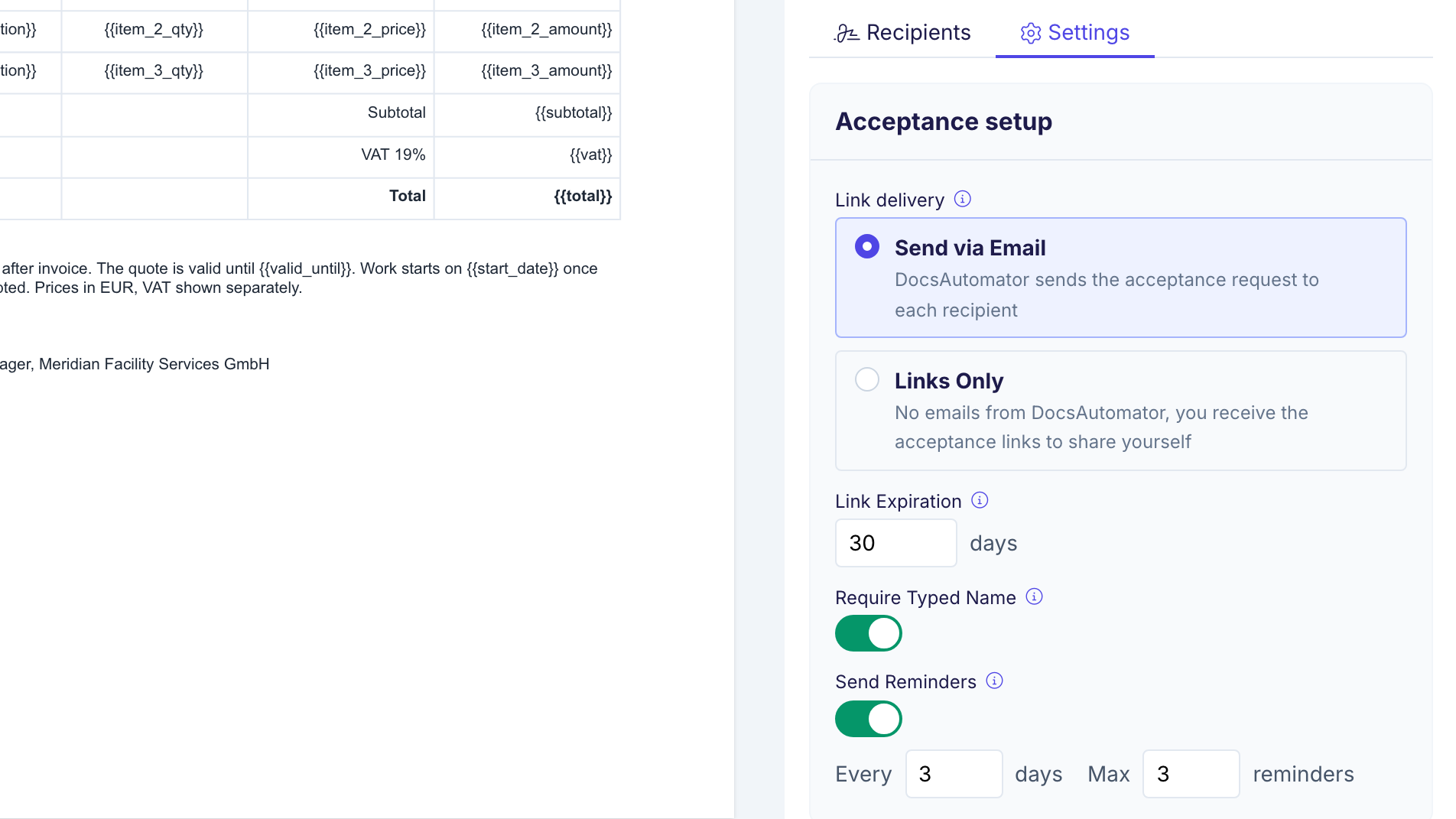 The Acceptance setup card in the Settings tab. Send via Email is selected over Links Only. Link Expiration is 30 days. Require Typed Name is on. Send Reminders is on.