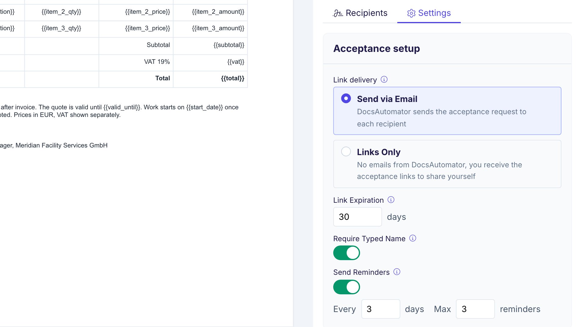The Acceptance setup card in the Settings tab. Send via Email is selected over Links Only. Link Expiration is 30 days. Require Typed Name is on. Send Reminders is on.