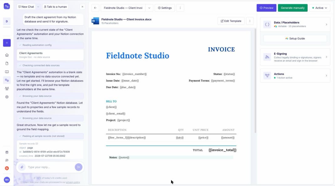 DocsAutomator AI Agent chat building a client invoice automation from a Notion database