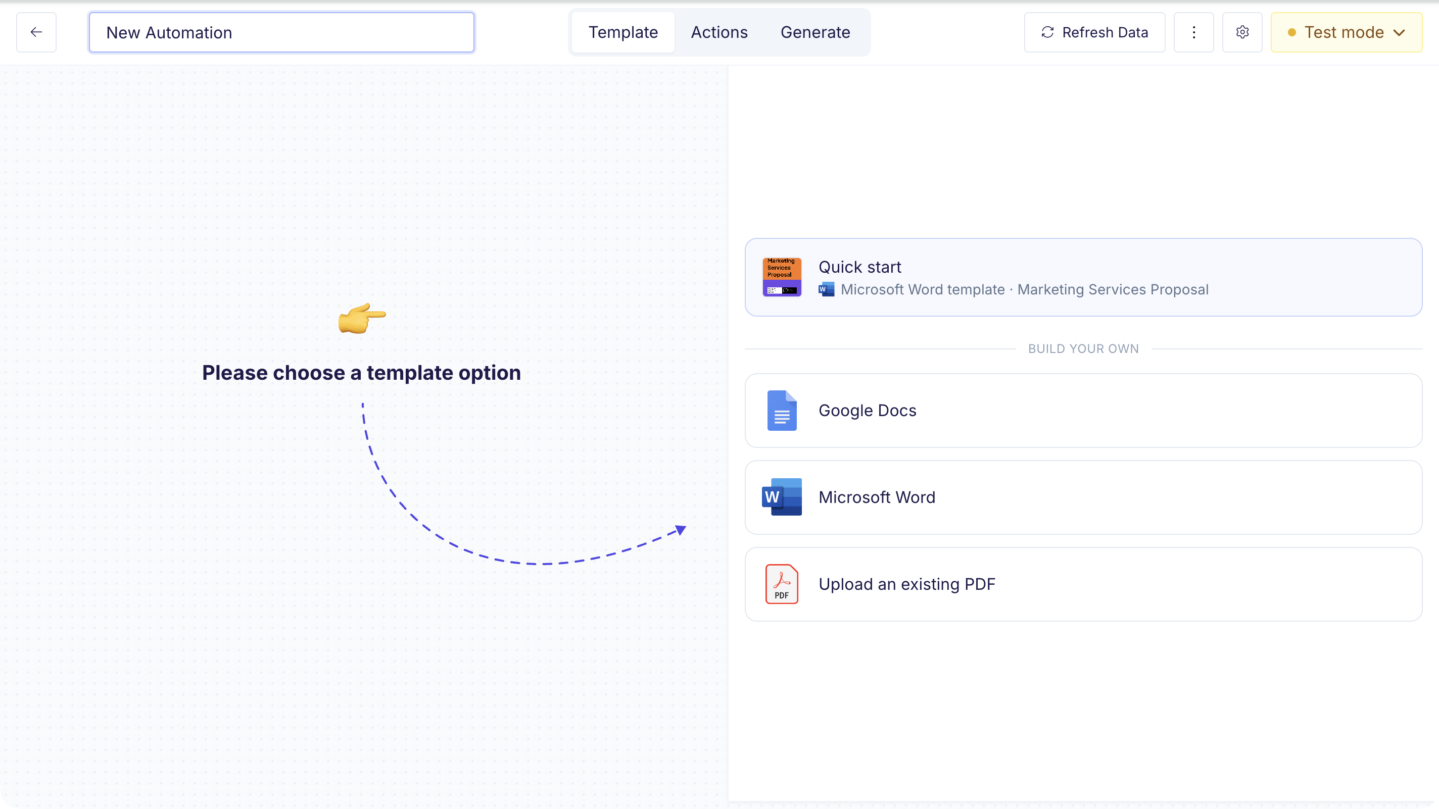 Template type selection: Google Docs, Microsoft Word, or Upload an existing PDF