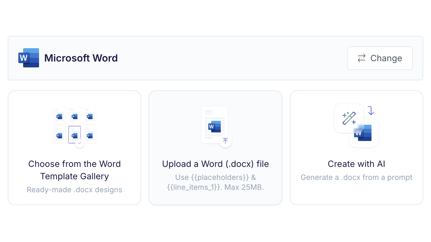 Word template picker showing three options: Choose from the Word Template Gallery, Upload a Word (.docx) file, and Create with AI