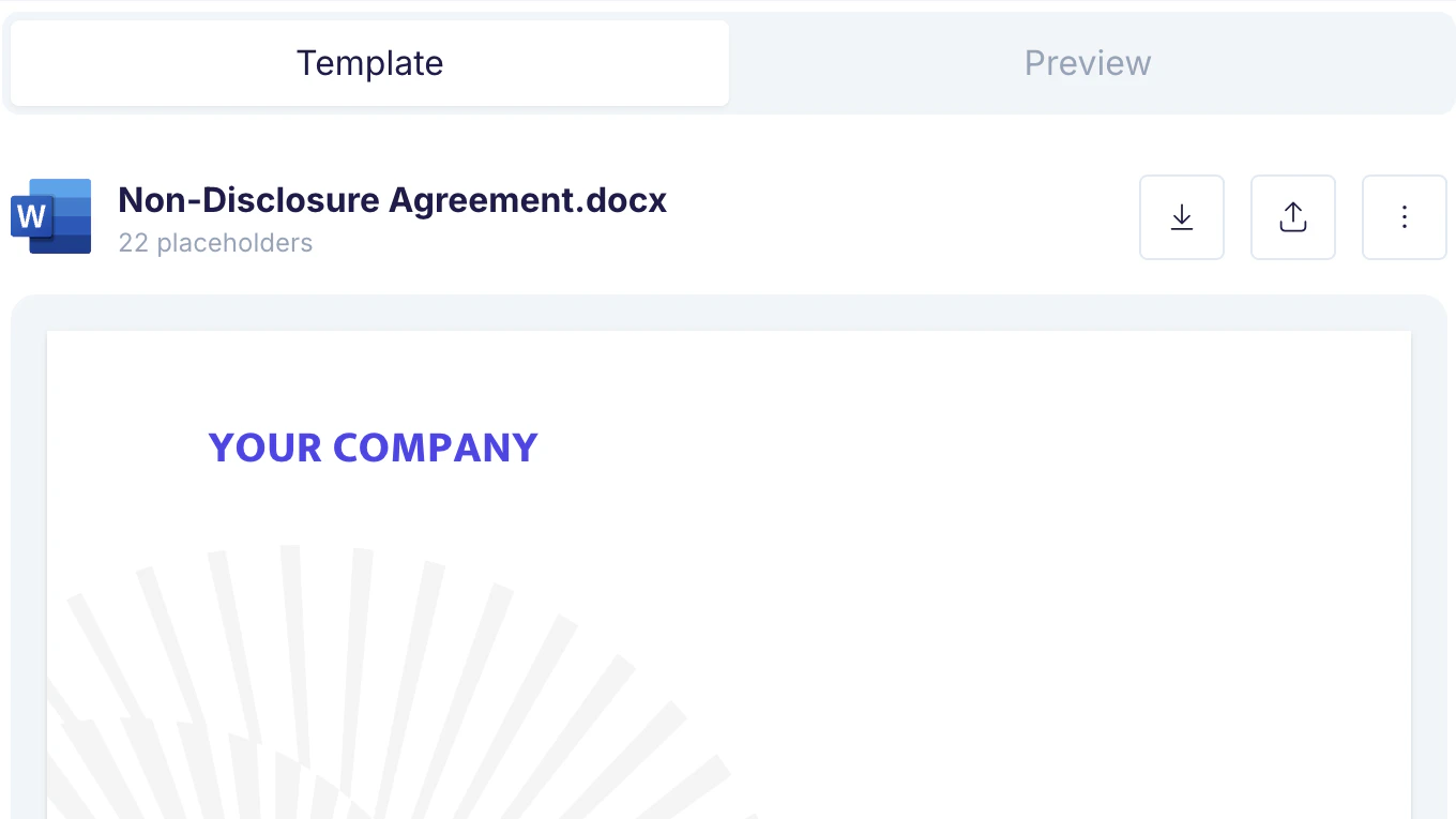 Uploaded Word template showing the file name Non-Disclosure Agreement.docx, a 22-placeholder count, action buttons, and a live document preview